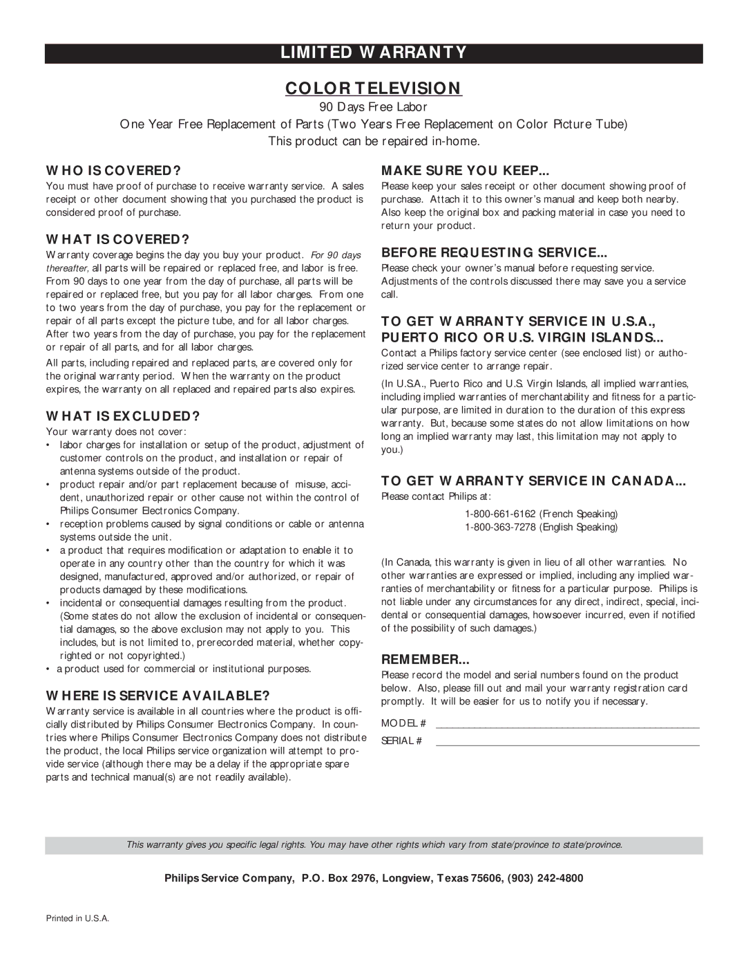 Magnavox TS2746C1 manual Limited Warranty 