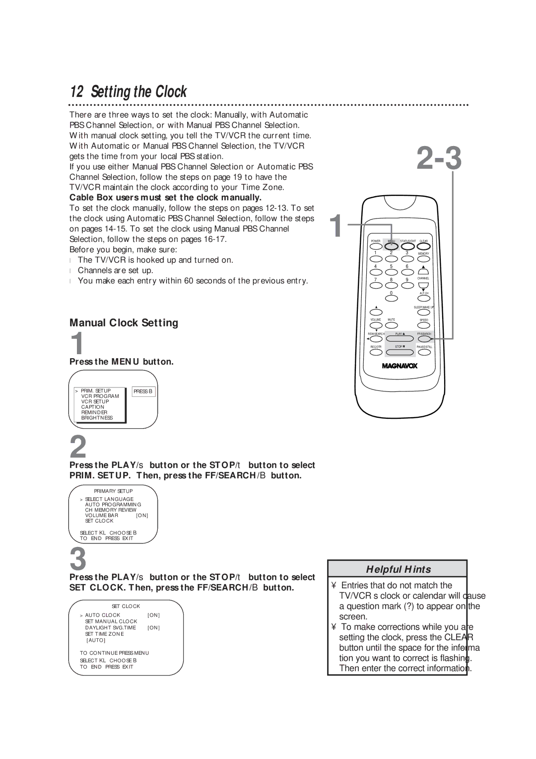 Magnavox TVCRCC13B1MG, CC19B1MG Setting the Clock, Manual Clock Setting, Cable Box users must set the clock manually 