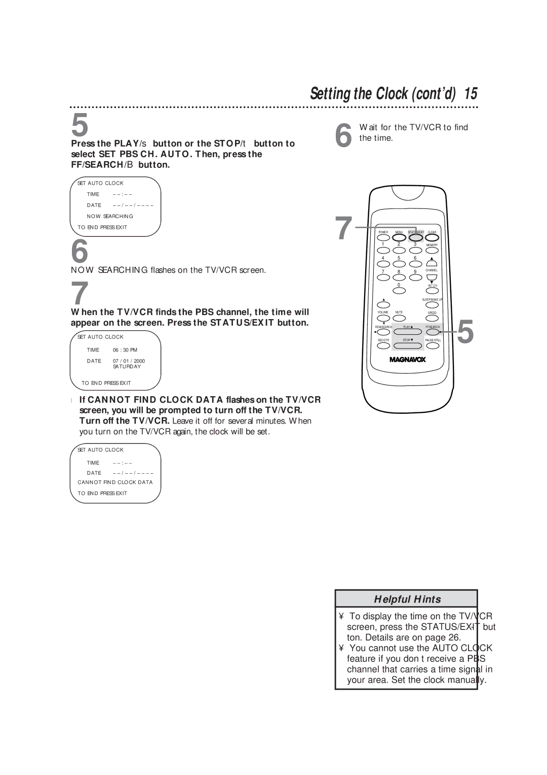 Magnavox CC19B1MG, TVCRCC13B1MG NOW Searching flashes on the TV/VCR screen, Wait for the TV/VCR to find the time 