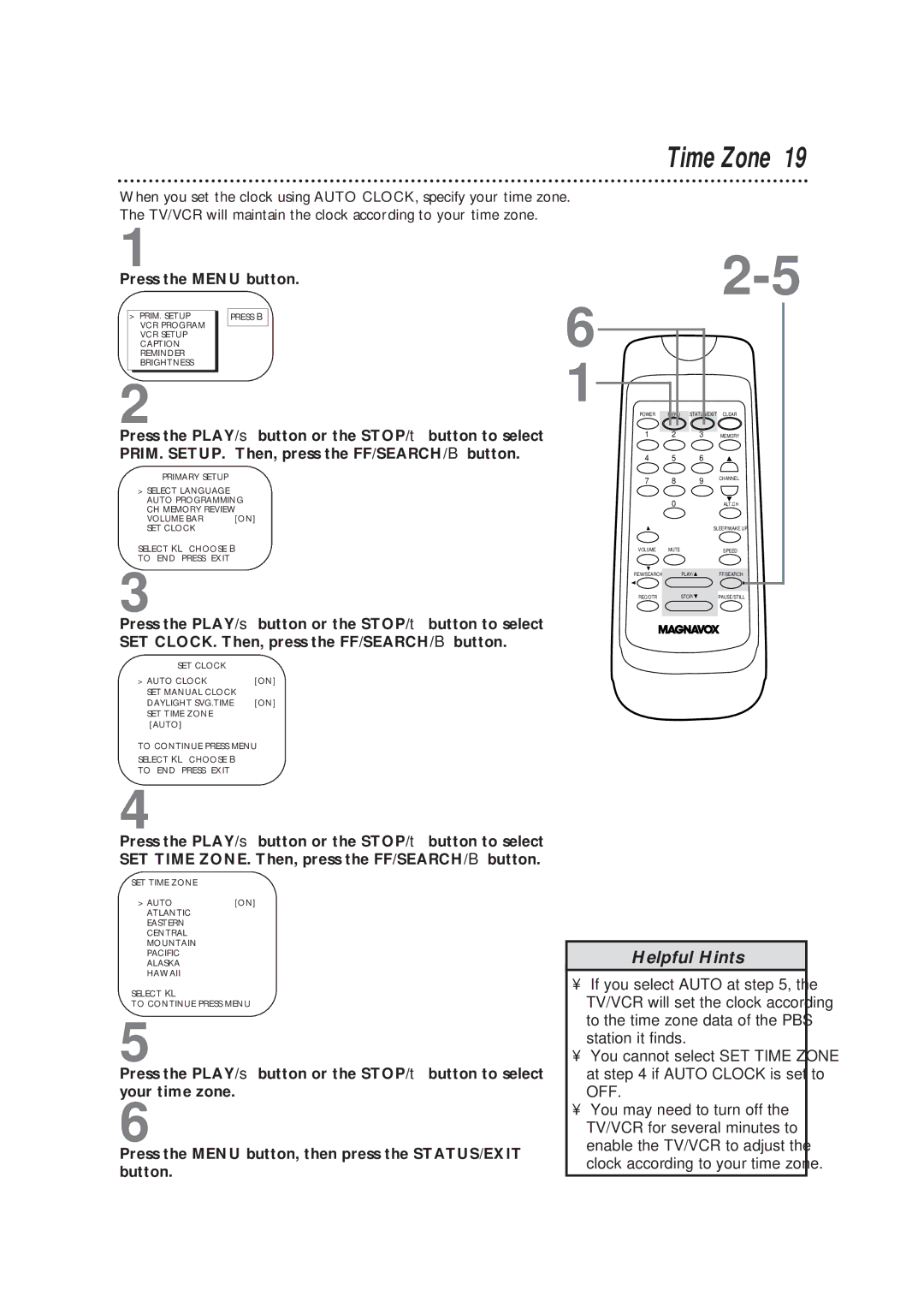 Magnavox CC19B1MG, TVCRCC13B1MG owner manual Time Zone 