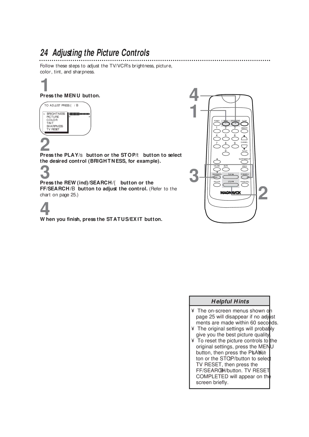 Magnavox TVCRCC13B1MG, CC19B1MG owner manual Adjusting the Picture Controls 