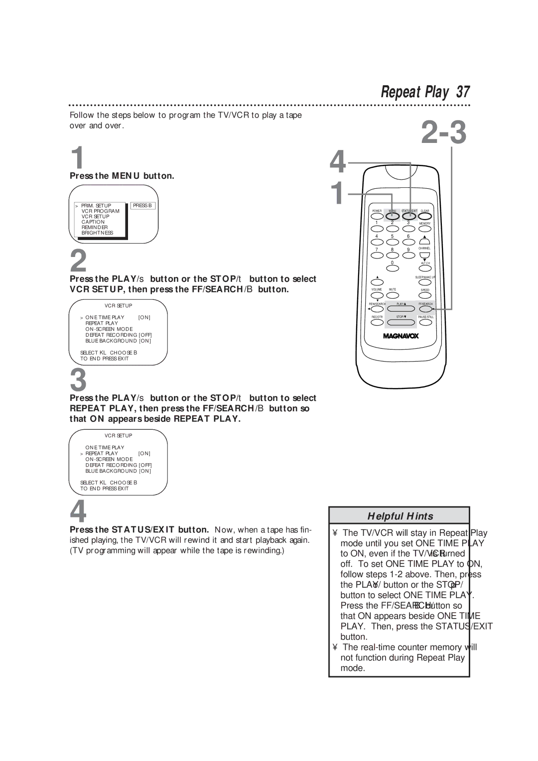 Magnavox CC19B1MG, TVCRCC13B1MG owner manual Repeat Play 