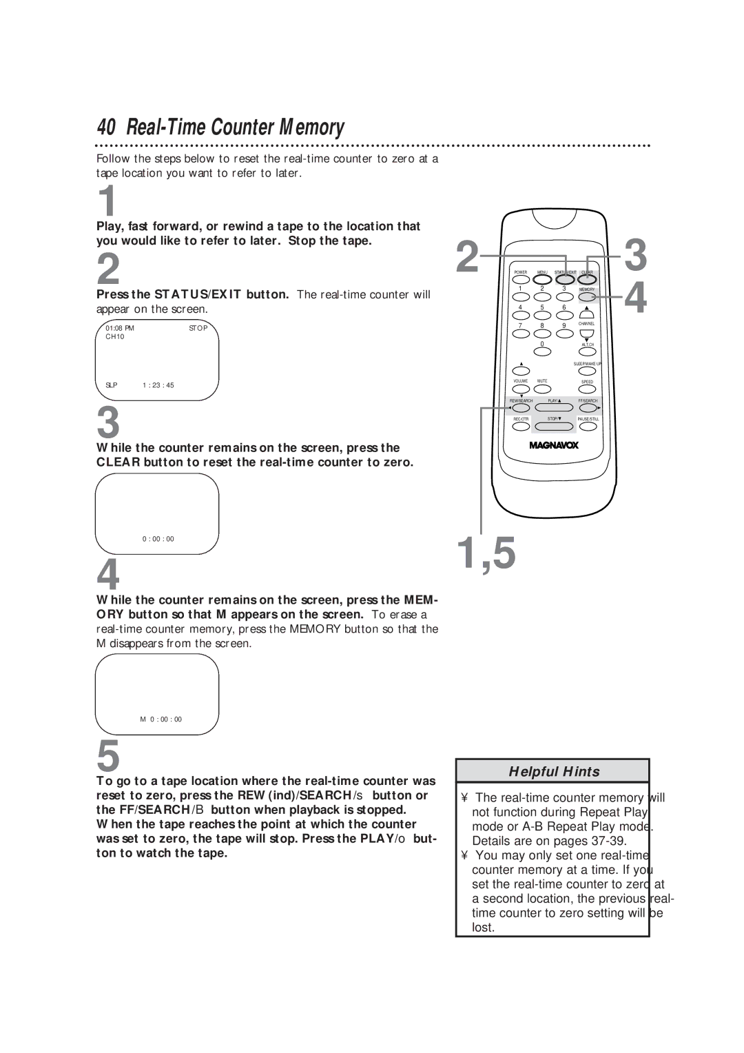 Magnavox TVCRCC13B1MG, CC19B1MG owner manual Real-Time Counter Memory 