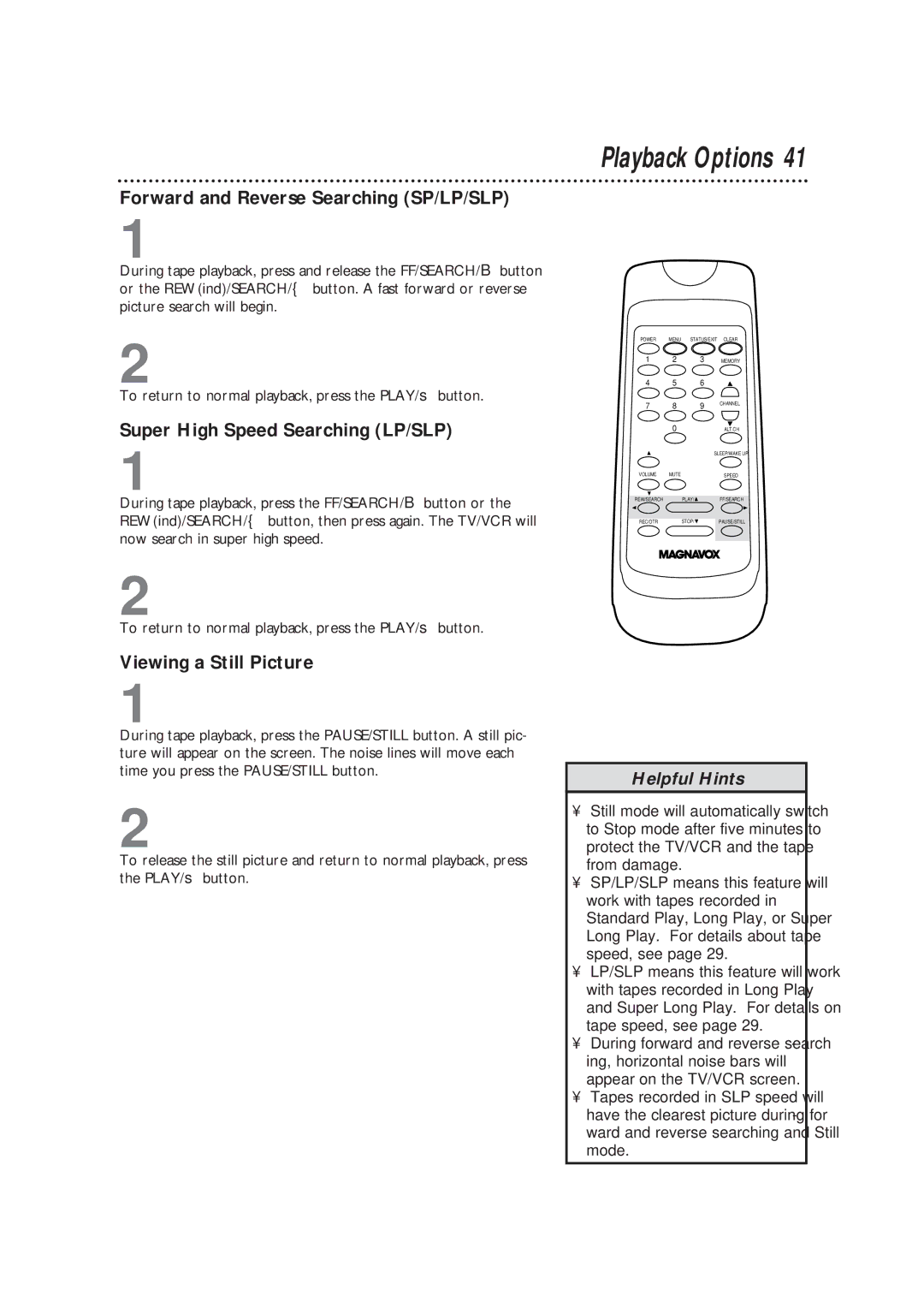 Magnavox CC19B1MG owner manual Playback Options, Forward and Reverse Searching SP/LP/SLP, Super High Speed Searching LP/SLP 