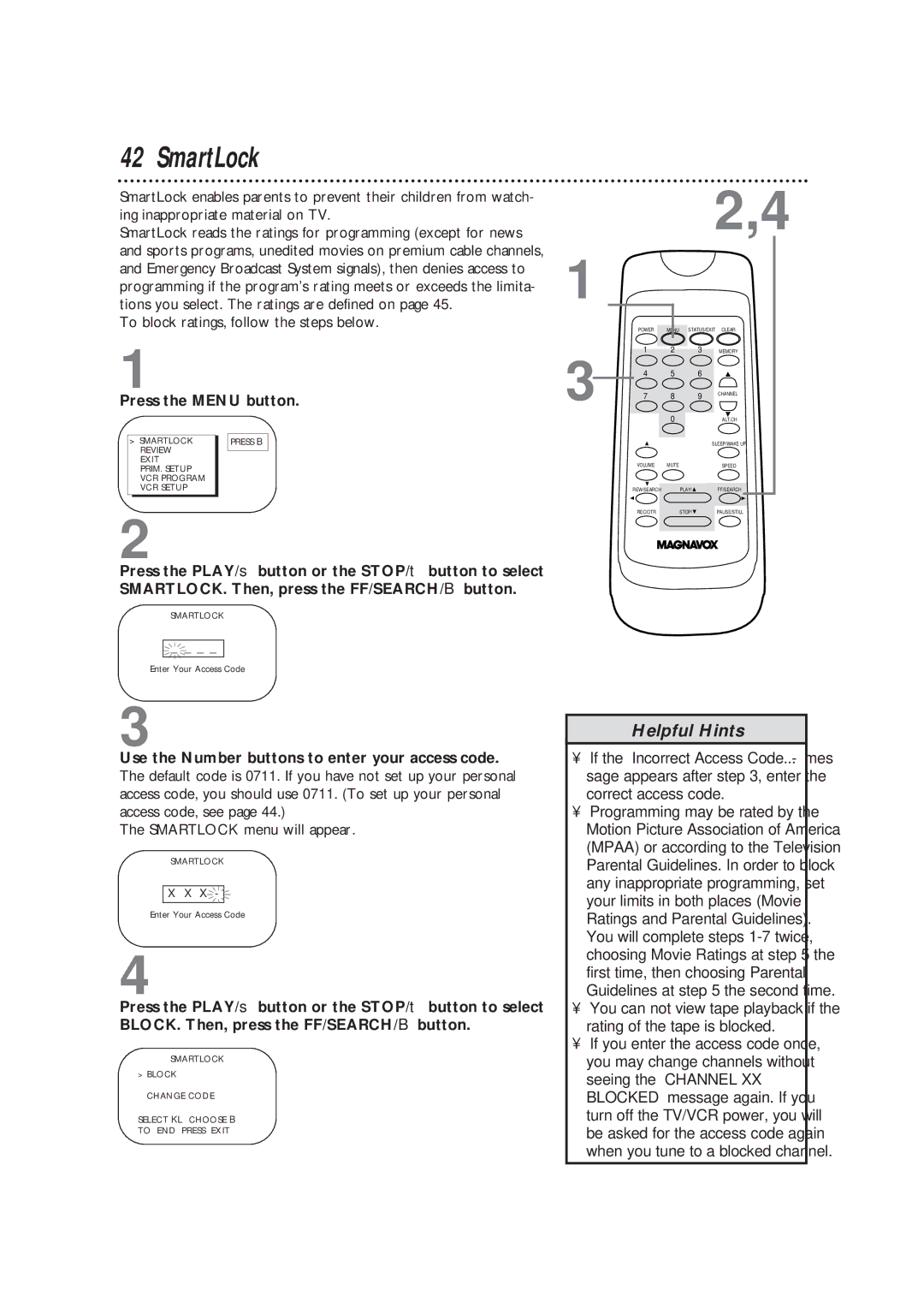 Magnavox TVCRCC13B1MG, CC19B1MG owner manual SmartLock, Smartlock menu will appear 