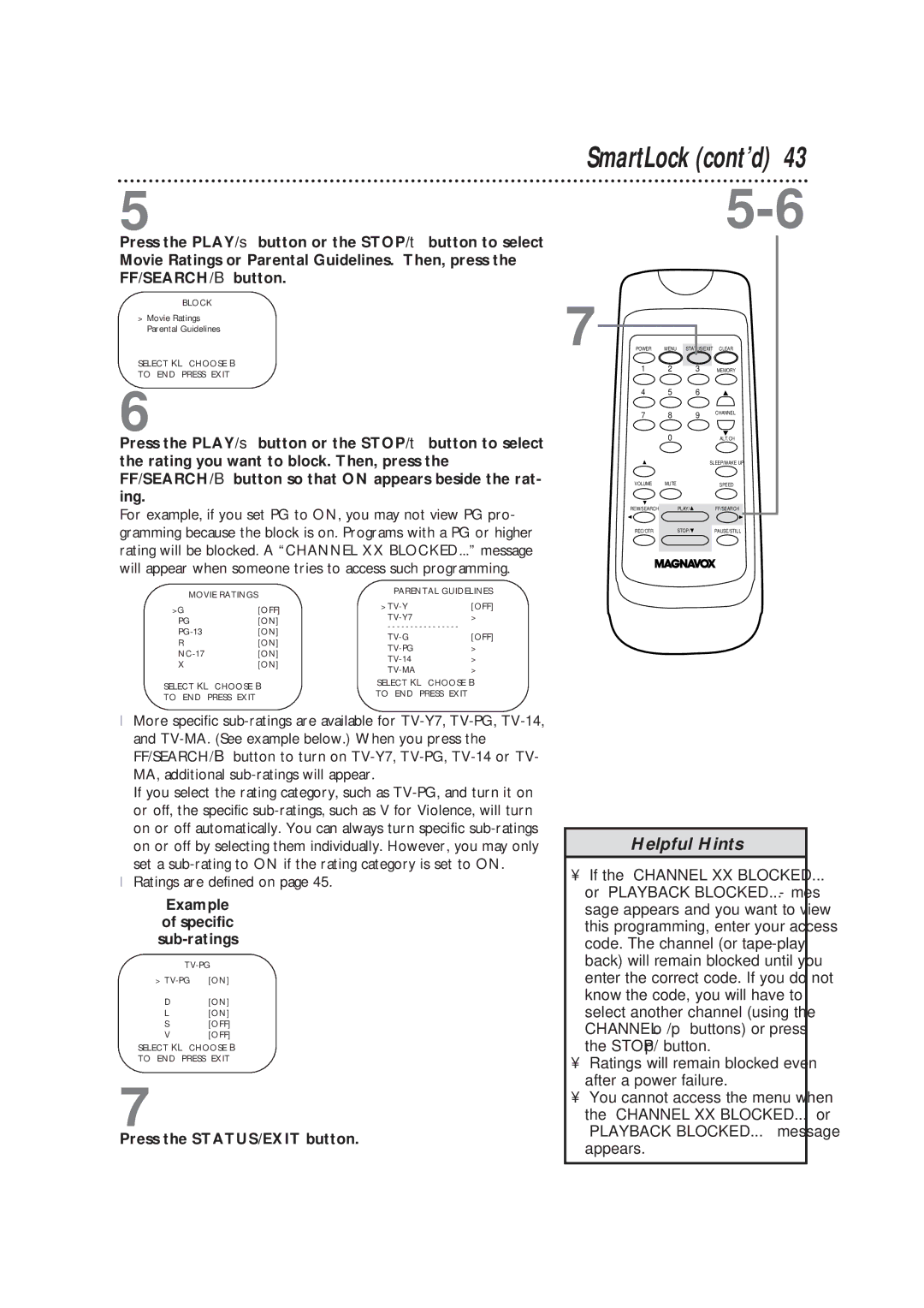 Magnavox CC19B1MG, TVCRCC13B1MG owner manual SmartLock cont’d, Ratings are defined on, Example Specific Sub-ratings 