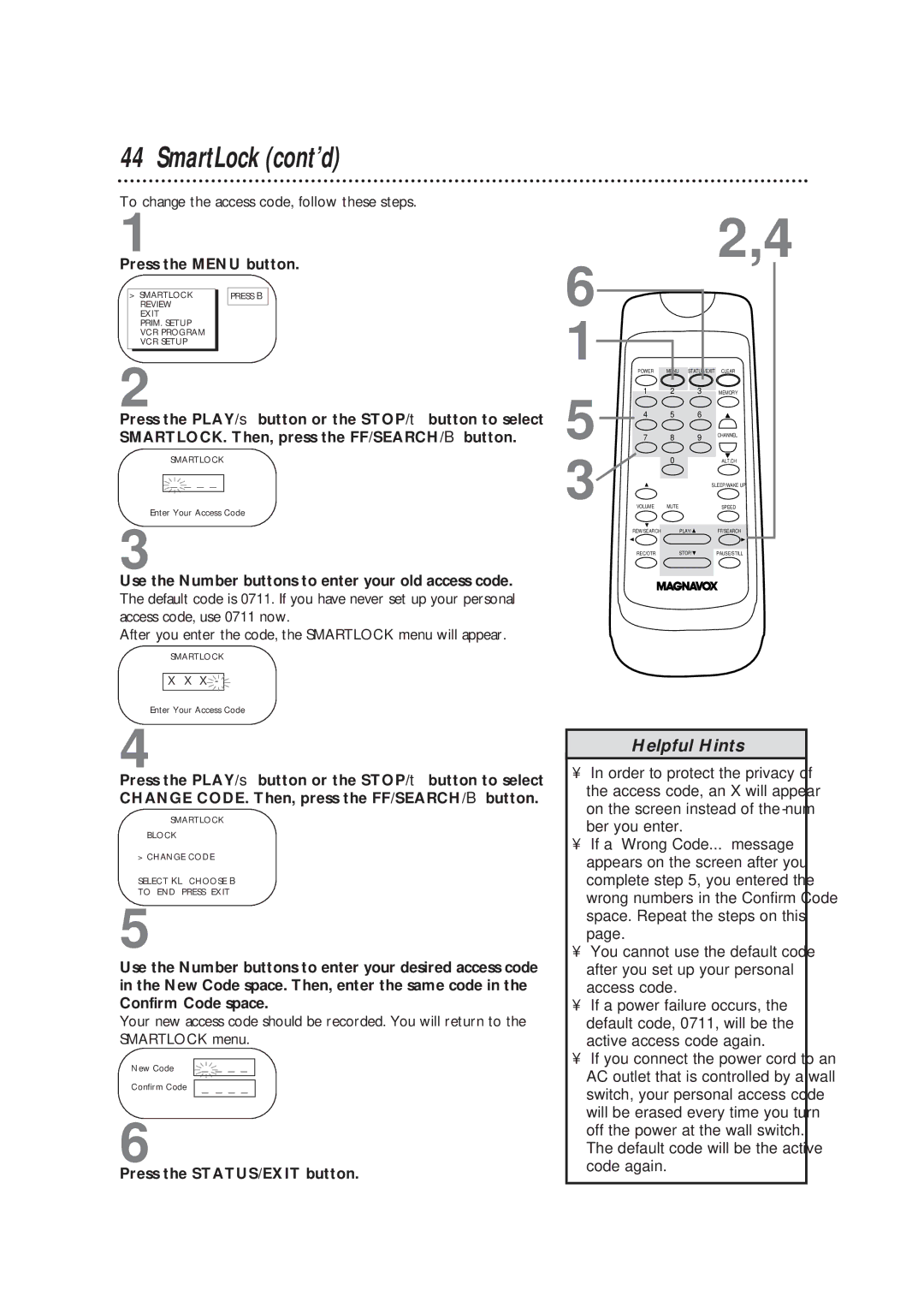 Magnavox TVCRCC13B1MG, CC19B1MG owner manual To change the access code, follow these steps 