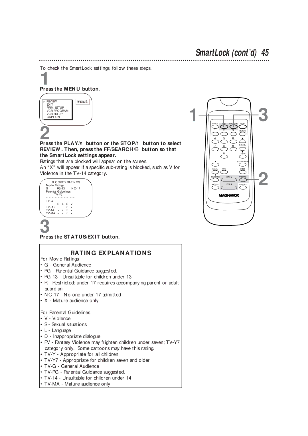 Magnavox CC19B1MG, TVCRCC13B1MG owner manual Rating Explanations, To check the SmartLock settings, follow these steps 