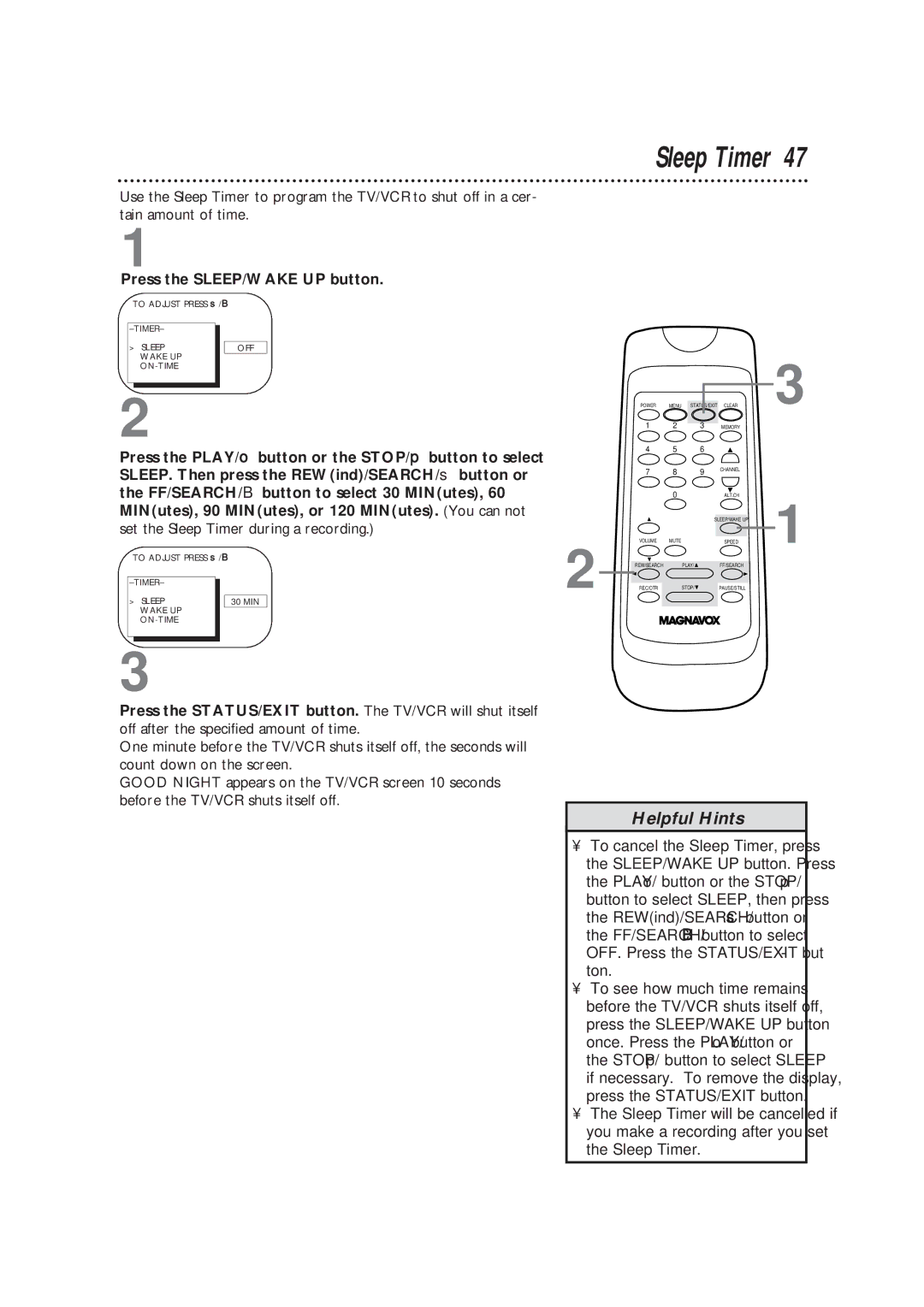 Magnavox CC19B1MG, TVCRCC13B1MG owner manual Set the Sleep Timer during a recording 