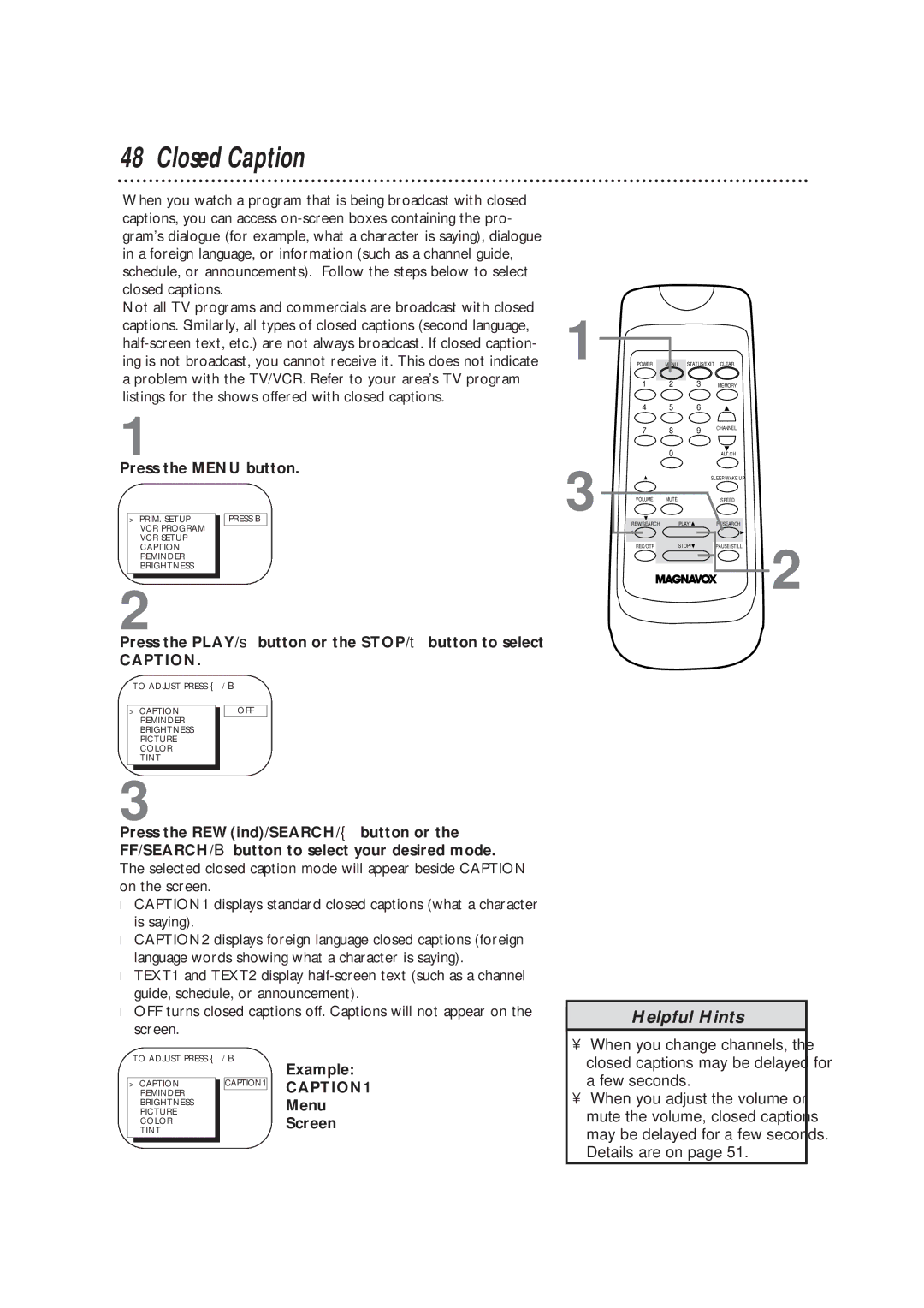 Magnavox TVCRCC13B1MG, CC19B1MG owner manual Closed Caption, Example, Menu, Screen 