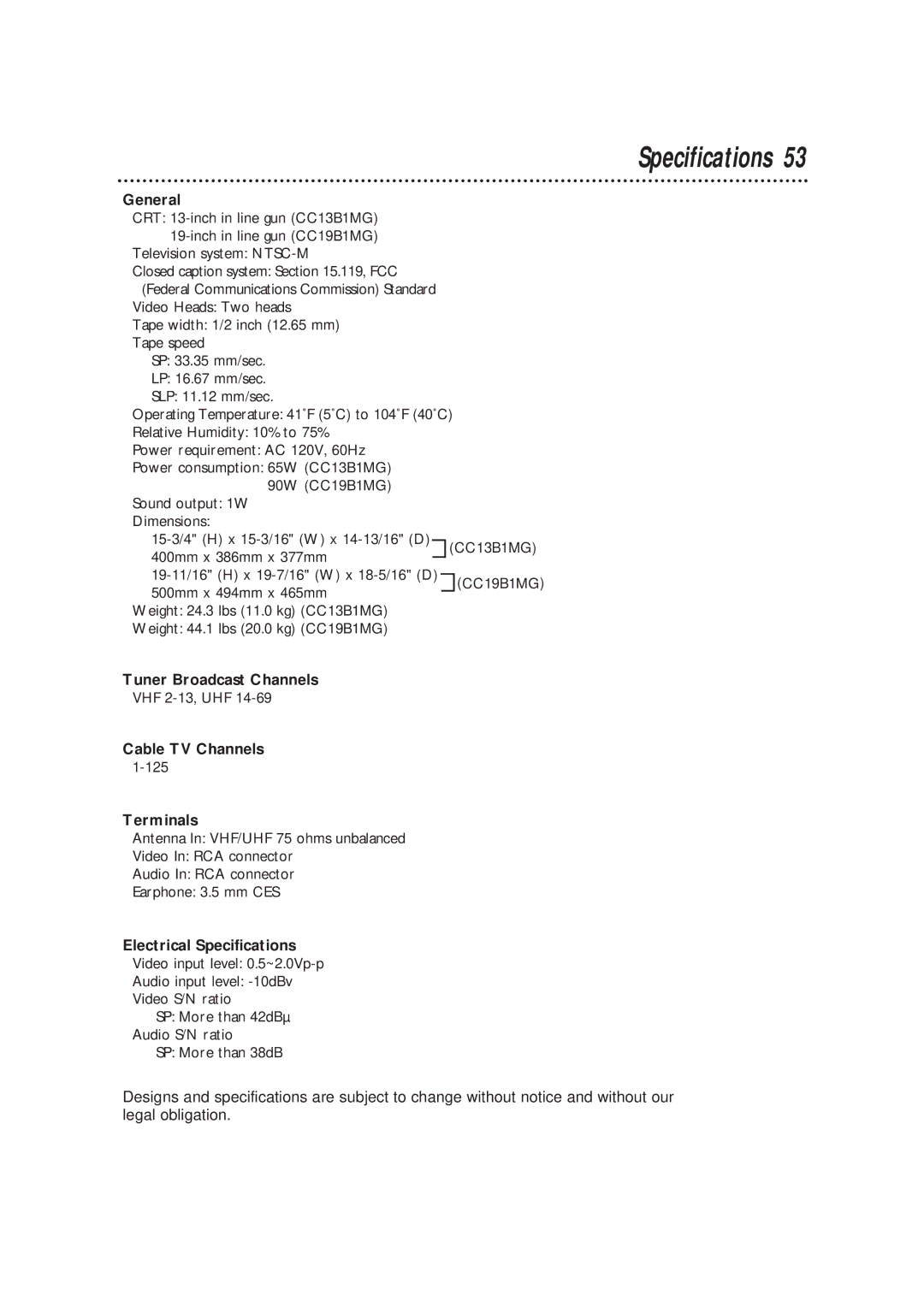 Magnavox CC19B1MG, TVCRCC13B1MG owner manual Specifications 