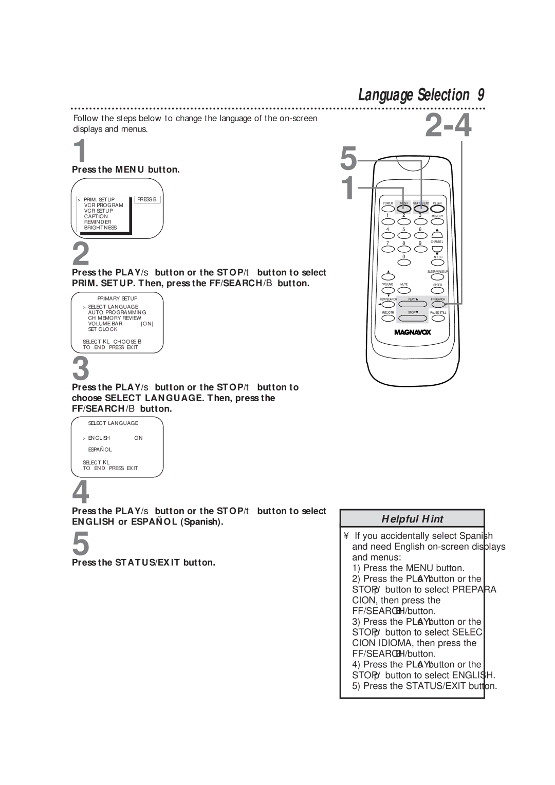 Magnavox CC19B1MG, TVCRCC13B1MG owner manual Language Selection, Press the Menu button 