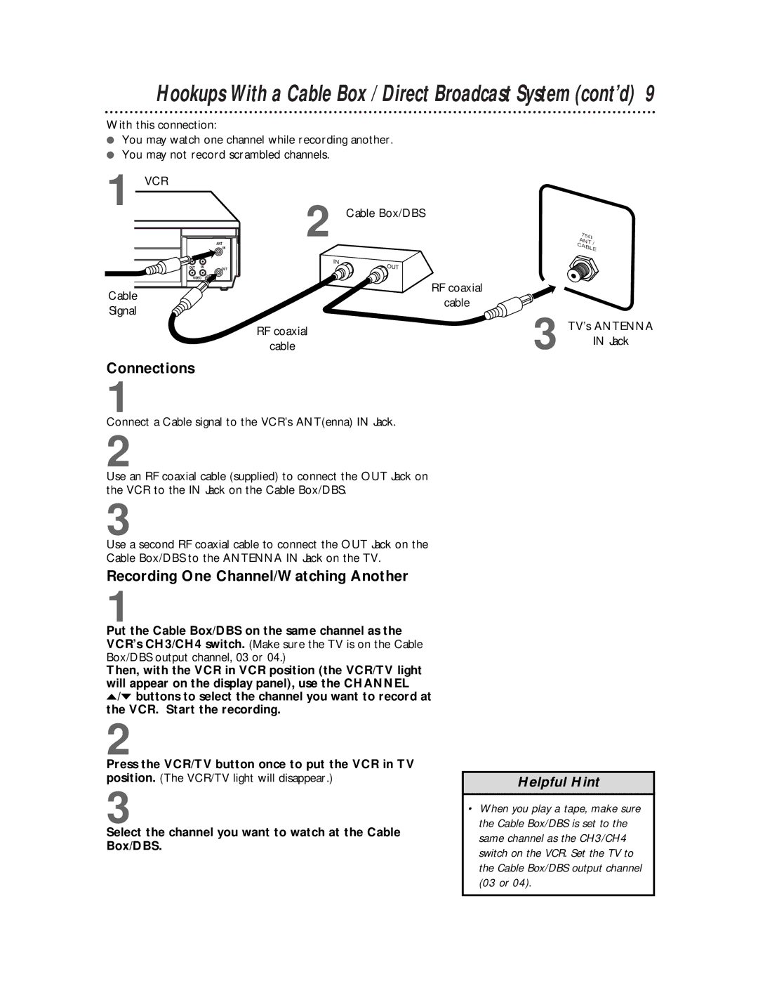 Magnavox VCRVR400BMG manual Recording One Channel/Watching Another, Helpful Hint, Cable Box/DBS, Signal 