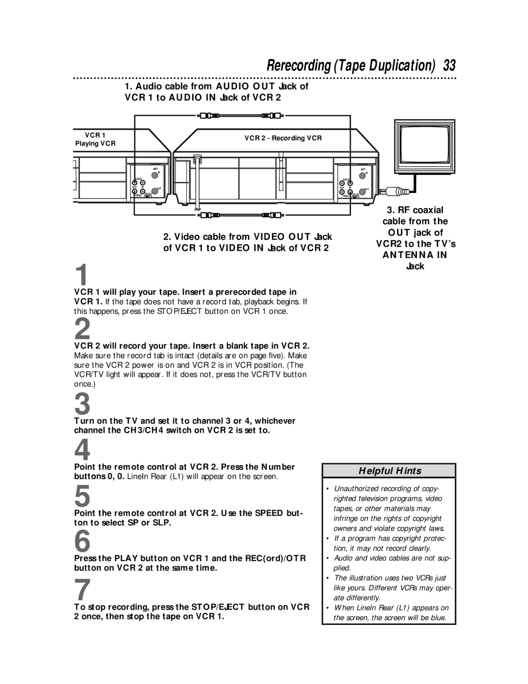 Magnavox VCRVR400BMG manual Rerecording Tape Duplication, Helpful Hints 