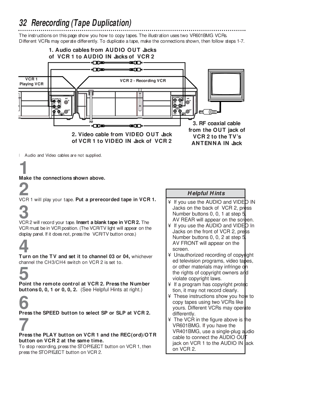 Magnavox VR601BMG, VCRVR401BMG manual Rerecording Tape Duplication, Helpful Hints 