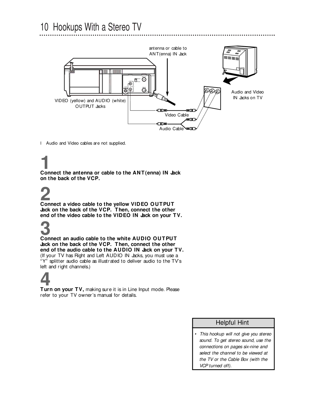 Magnavox VPA115AT owner manual Hookups With a Stereo TV, Helpful Hint 