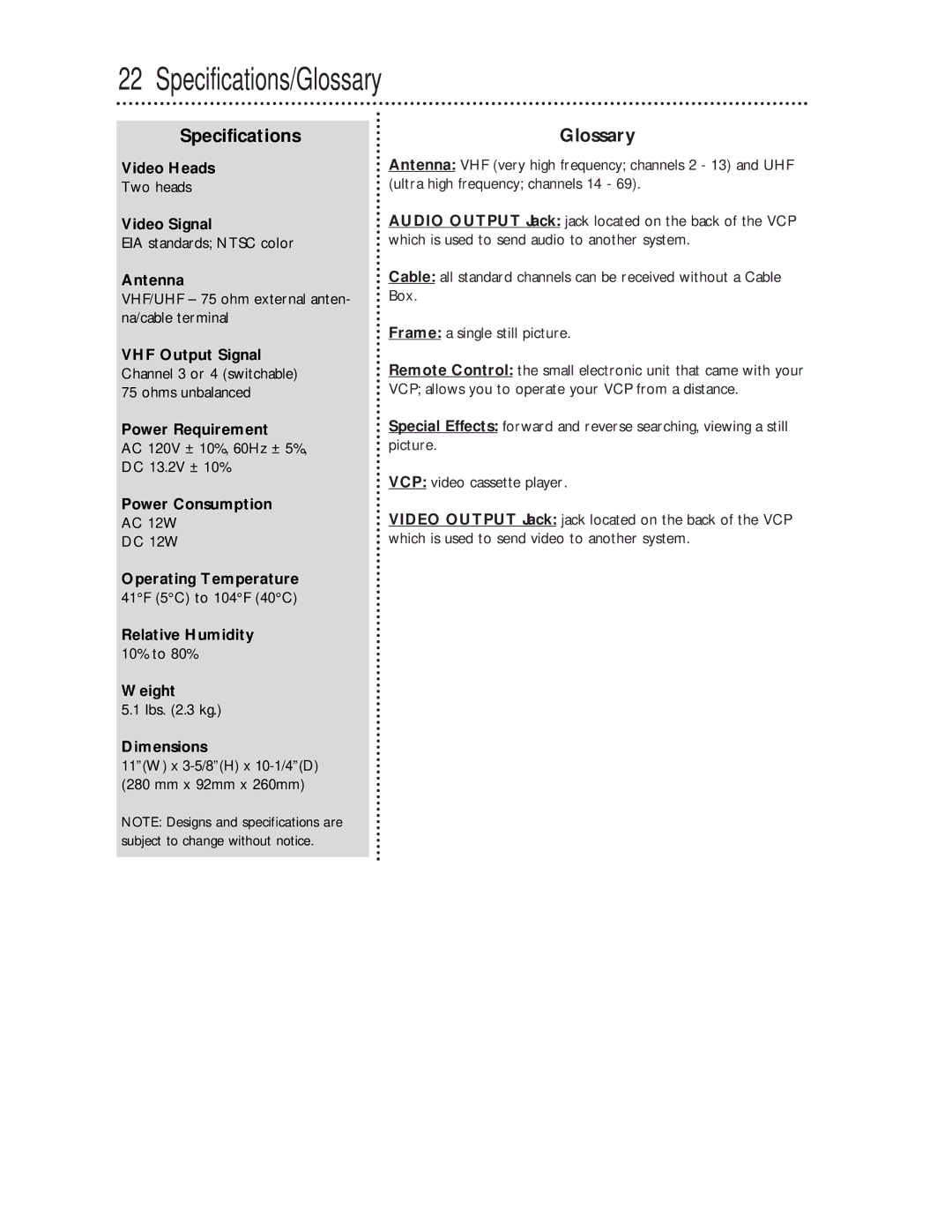 Magnavox VPA115AT owner manual Specifications/Glossary 