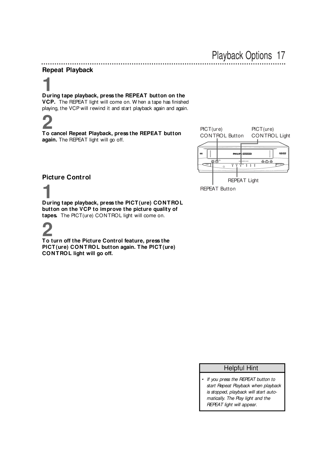 Magnavox VPA115BL, VPA115PR owner manual Playback Options, Repeat Playback, Picture Control 