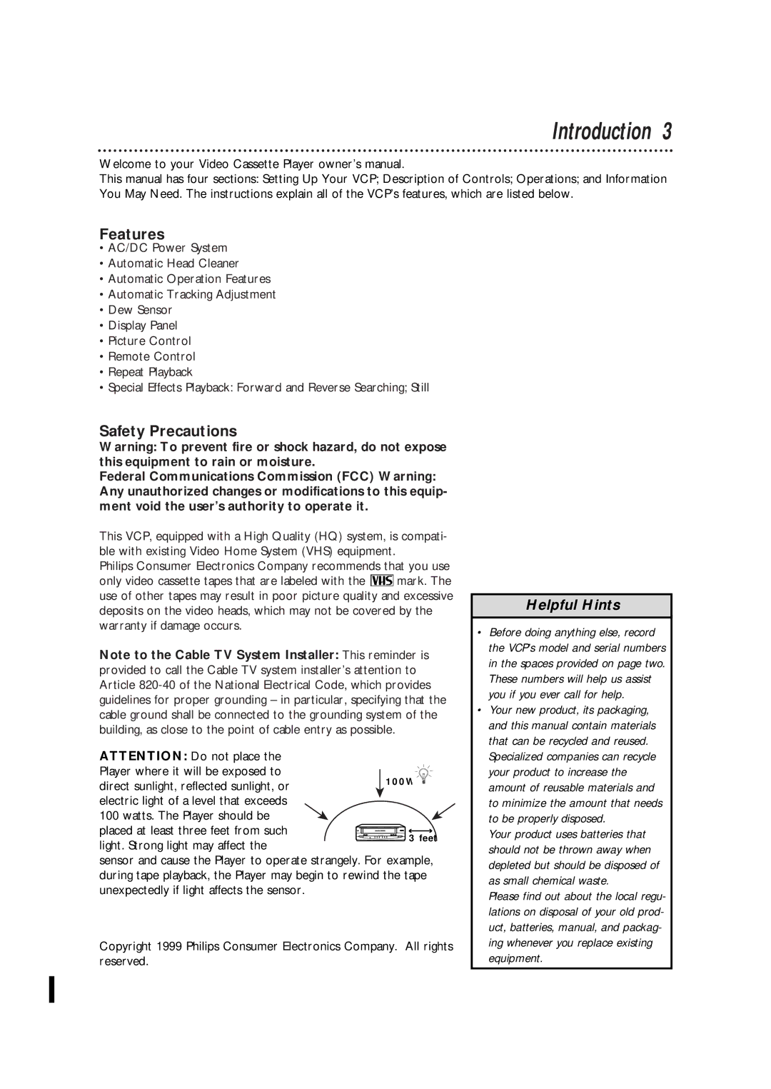 Magnavox VPA115BL, VPA115PR owner manual Introduction, Features, Safety Precautions 