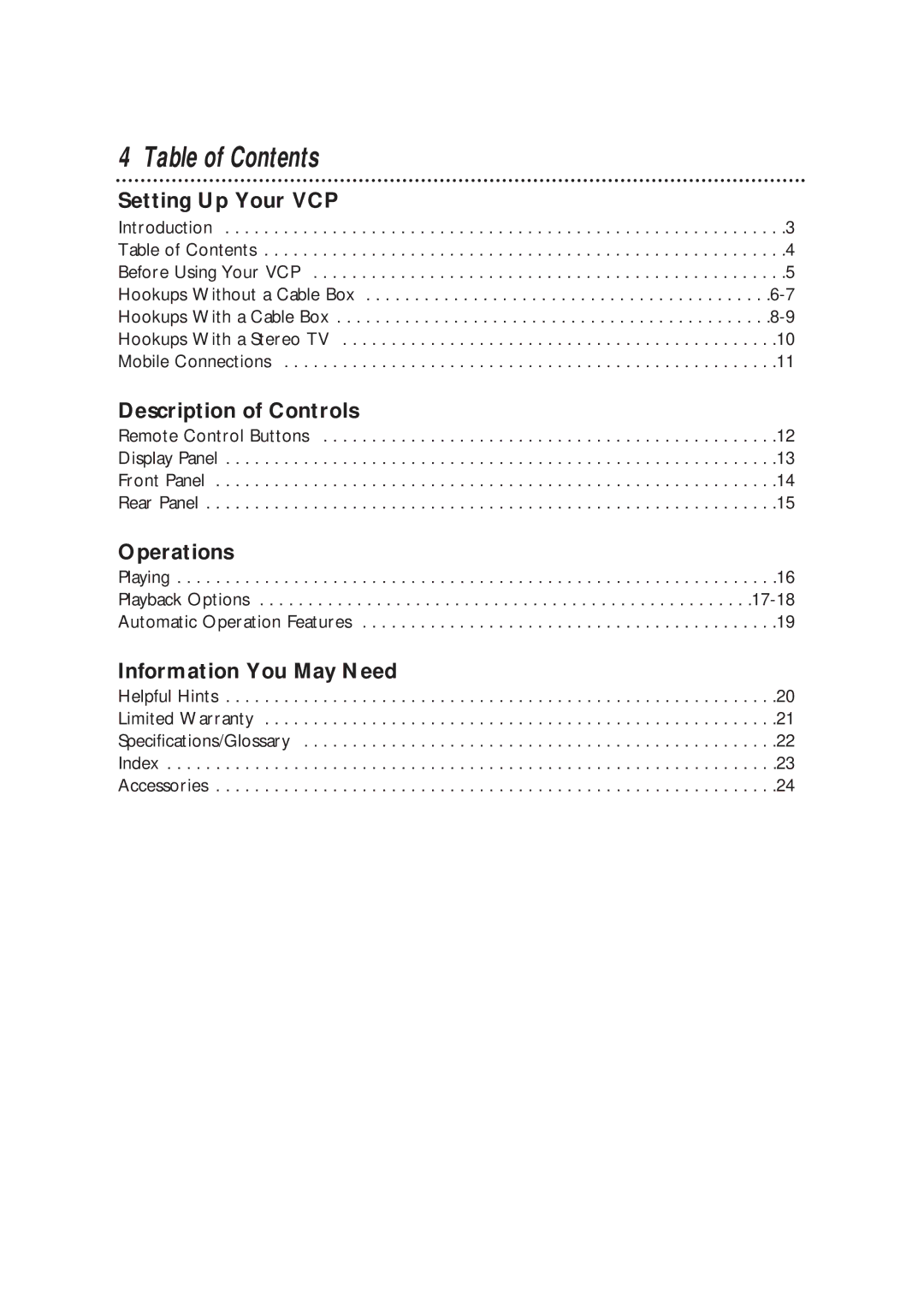 Magnavox VPA115PR, VPA115BL owner manual Table of Contents 