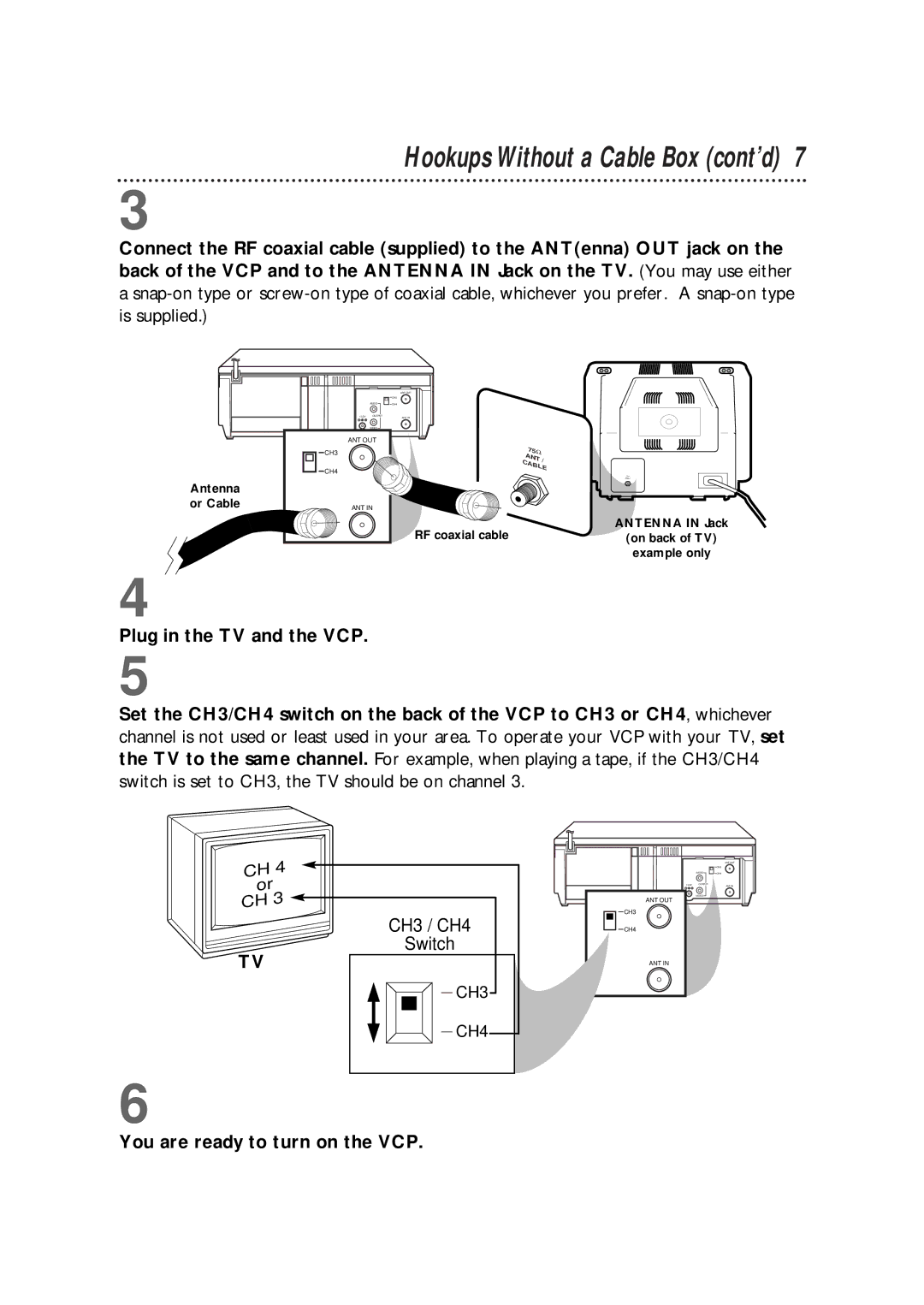 Magnavox VPA115BL Hookups Without a Cable Box cont’d, Plug in the TV and the VCP, You are ready to turn on the VCP 