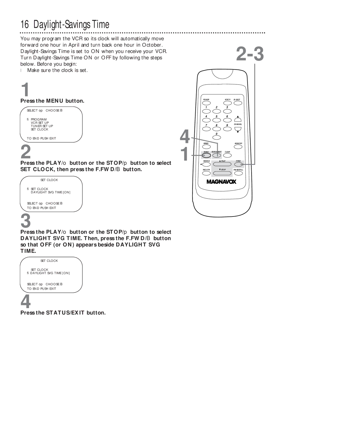 Magnavox VR201BMG owner manual Daylight-Savings Time 