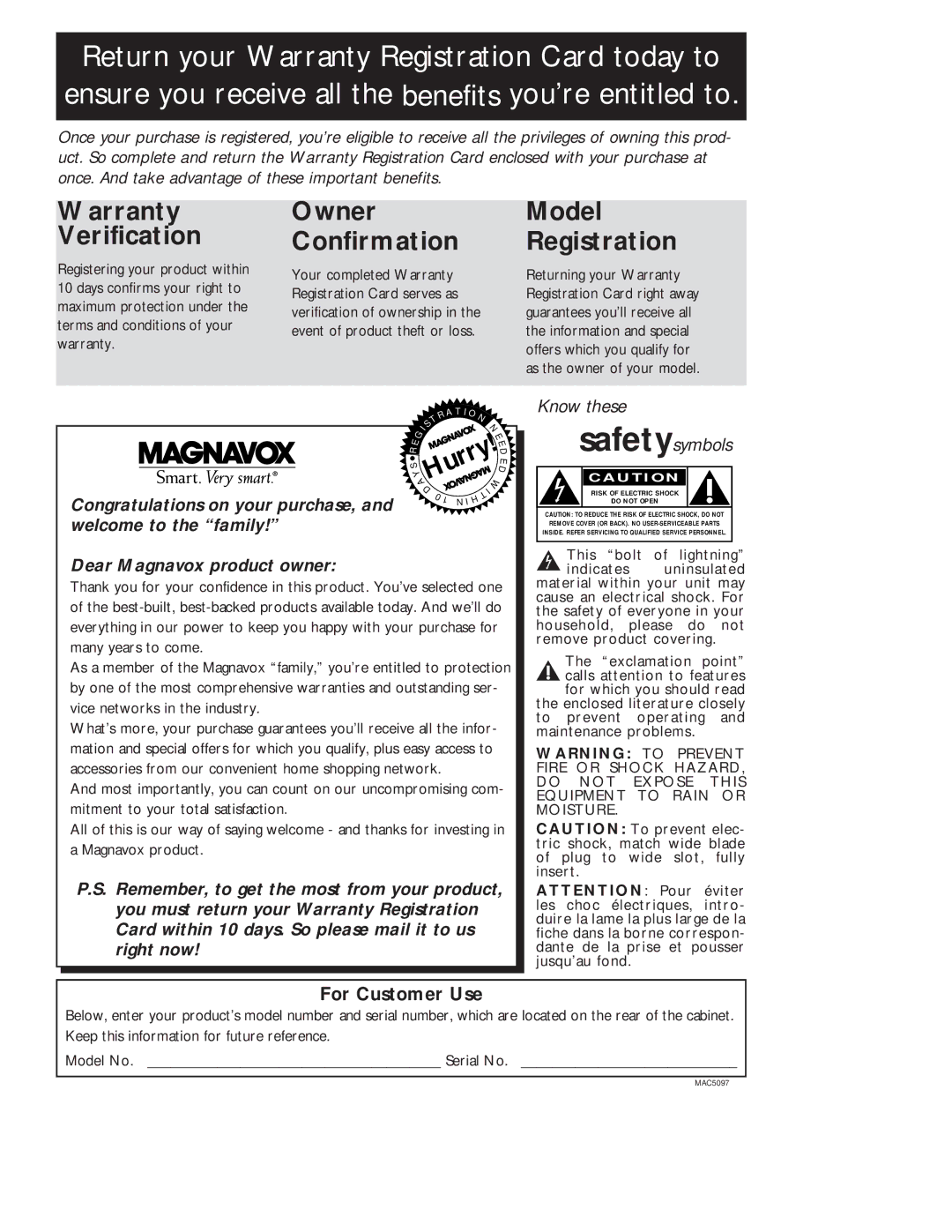 Magnavox VR201BMG owner manual Warranty Verification, For Customer Use 