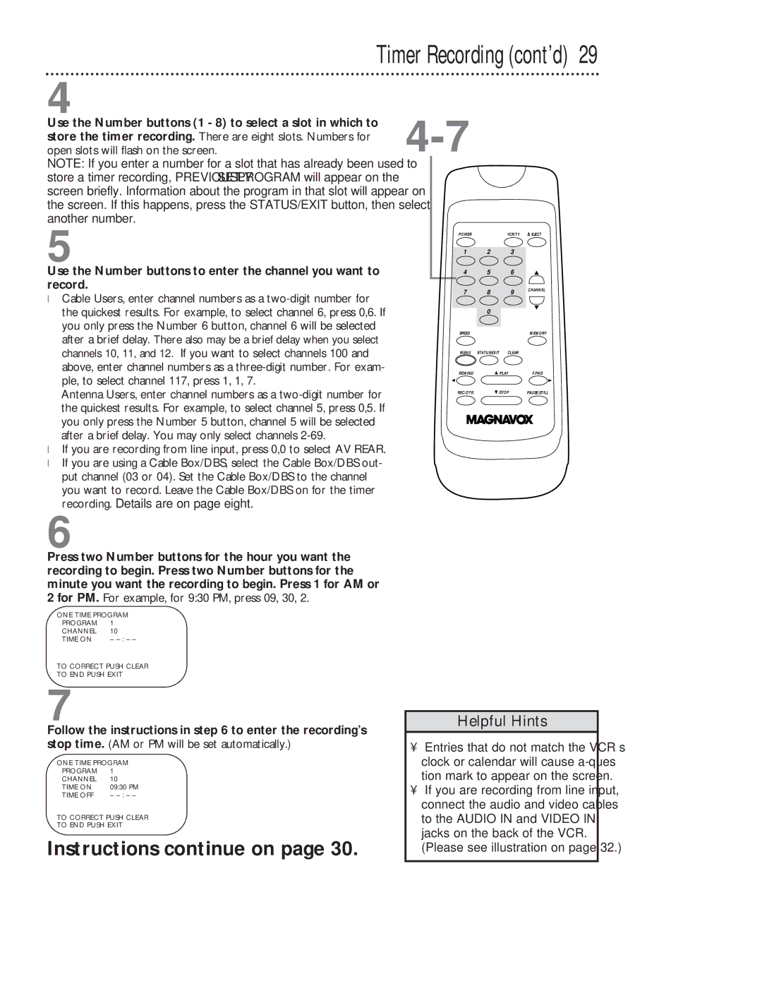 Magnavox VR201BMG owner manual Timer Recording cont’d, Instructions continue on 