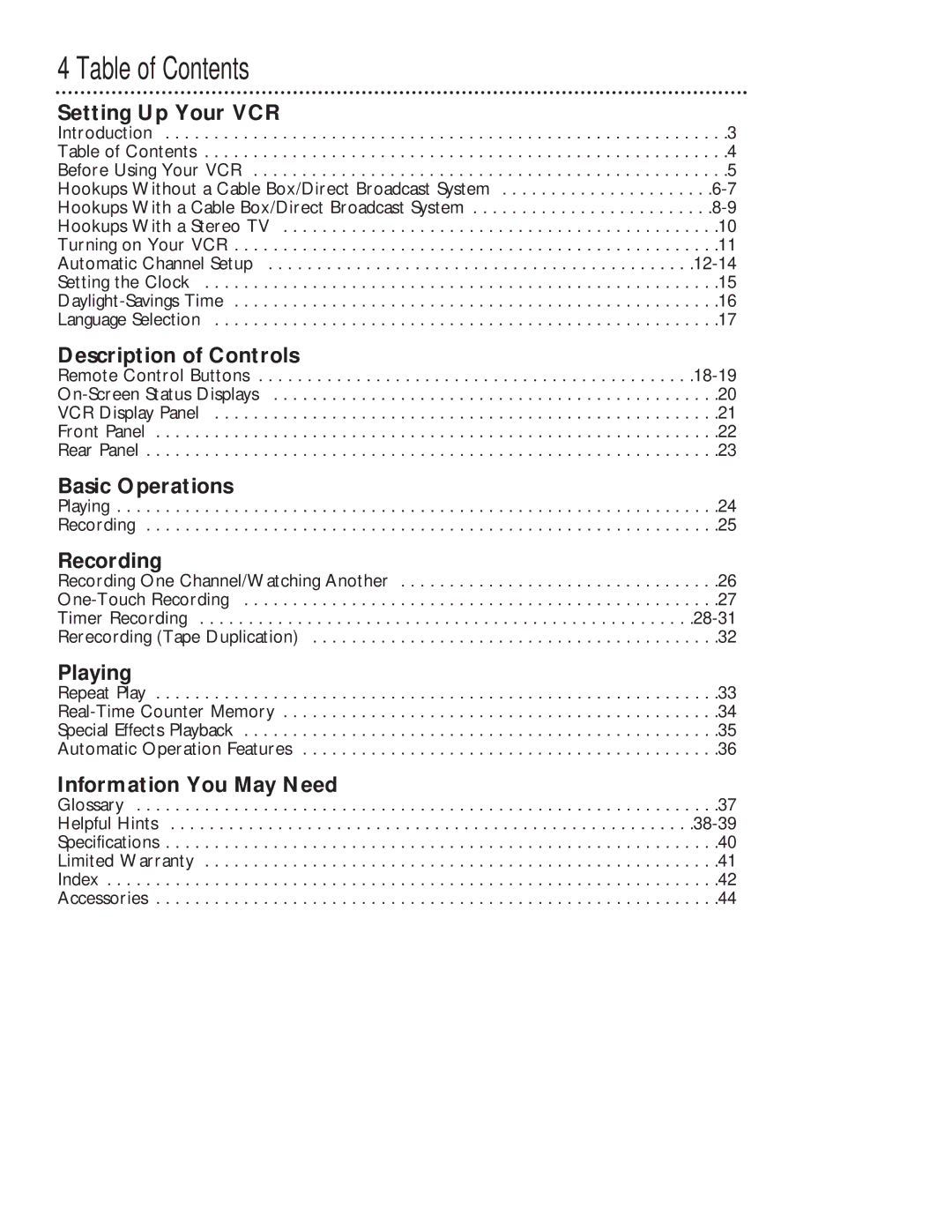 Magnavox VR201BMG owner manual Table of Contents 