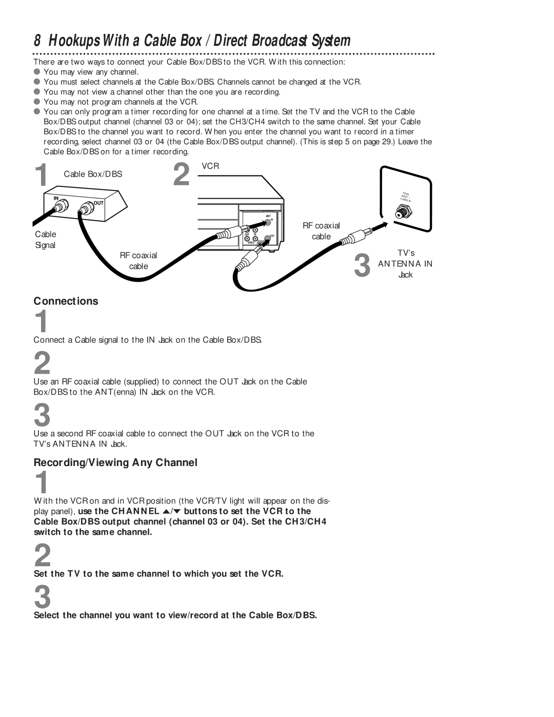 Magnavox VR201BMG Hookups With a Cable Box / Direct Broadcast System, Connections, Recording/Viewing Any Channel 