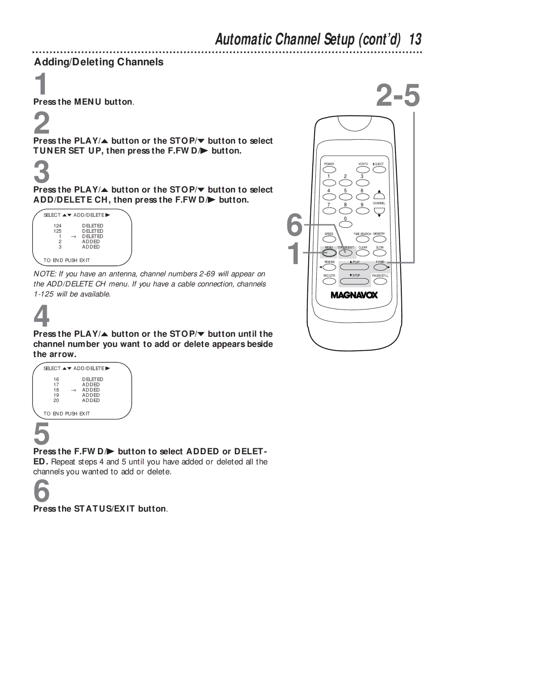 Magnavox VR401BMG owner manual Automatic Channel Setup cont’d, Adding/Deleting Channels 