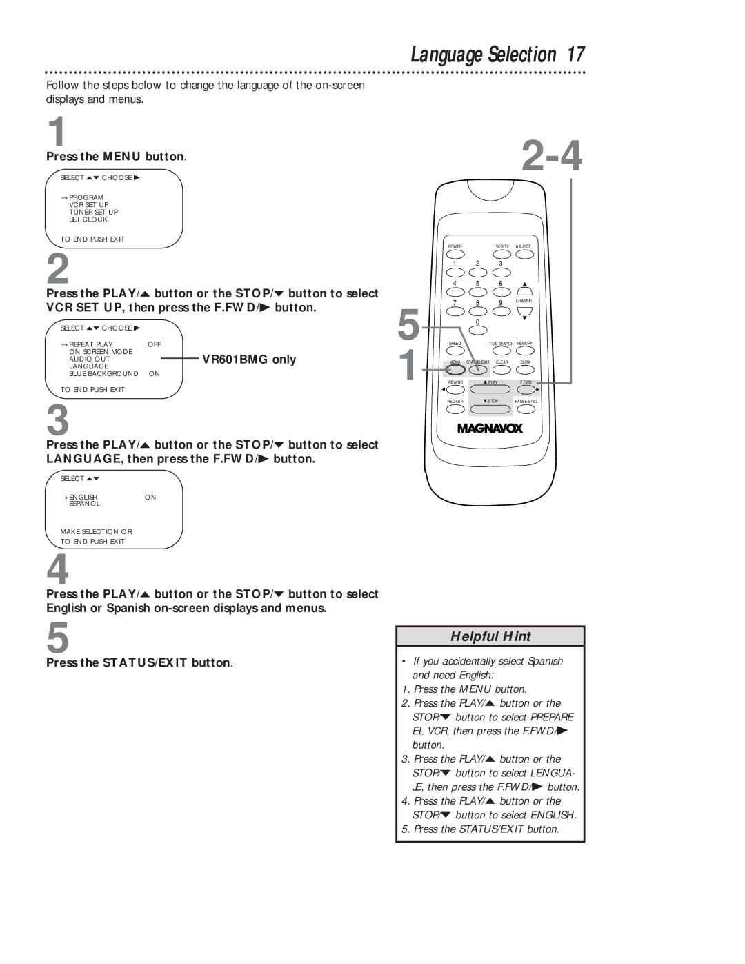 Magnavox VR401BMG owner manual Language Selection, VR601BMG only 