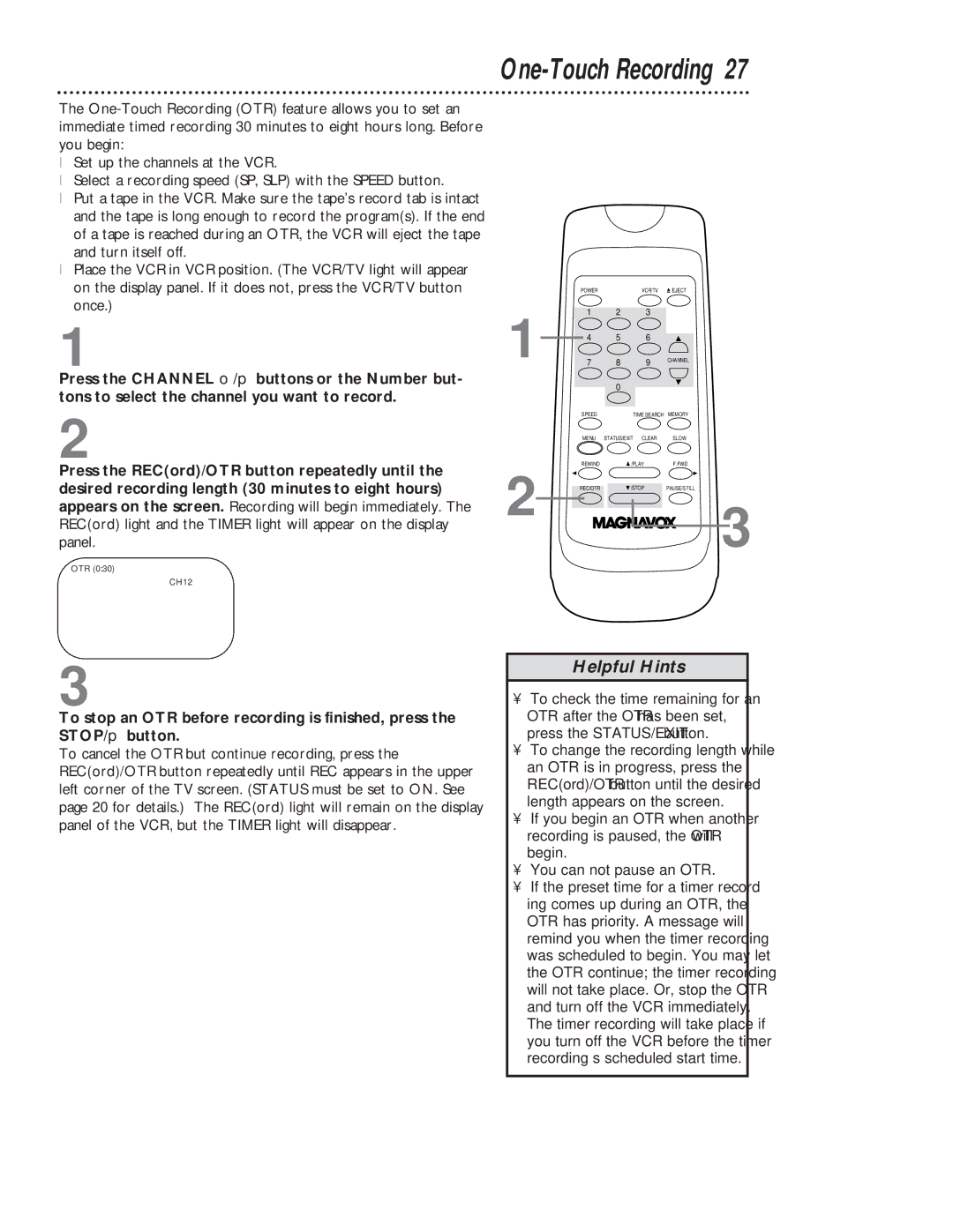 Magnavox VR401BMG owner manual One-Touch Recording 