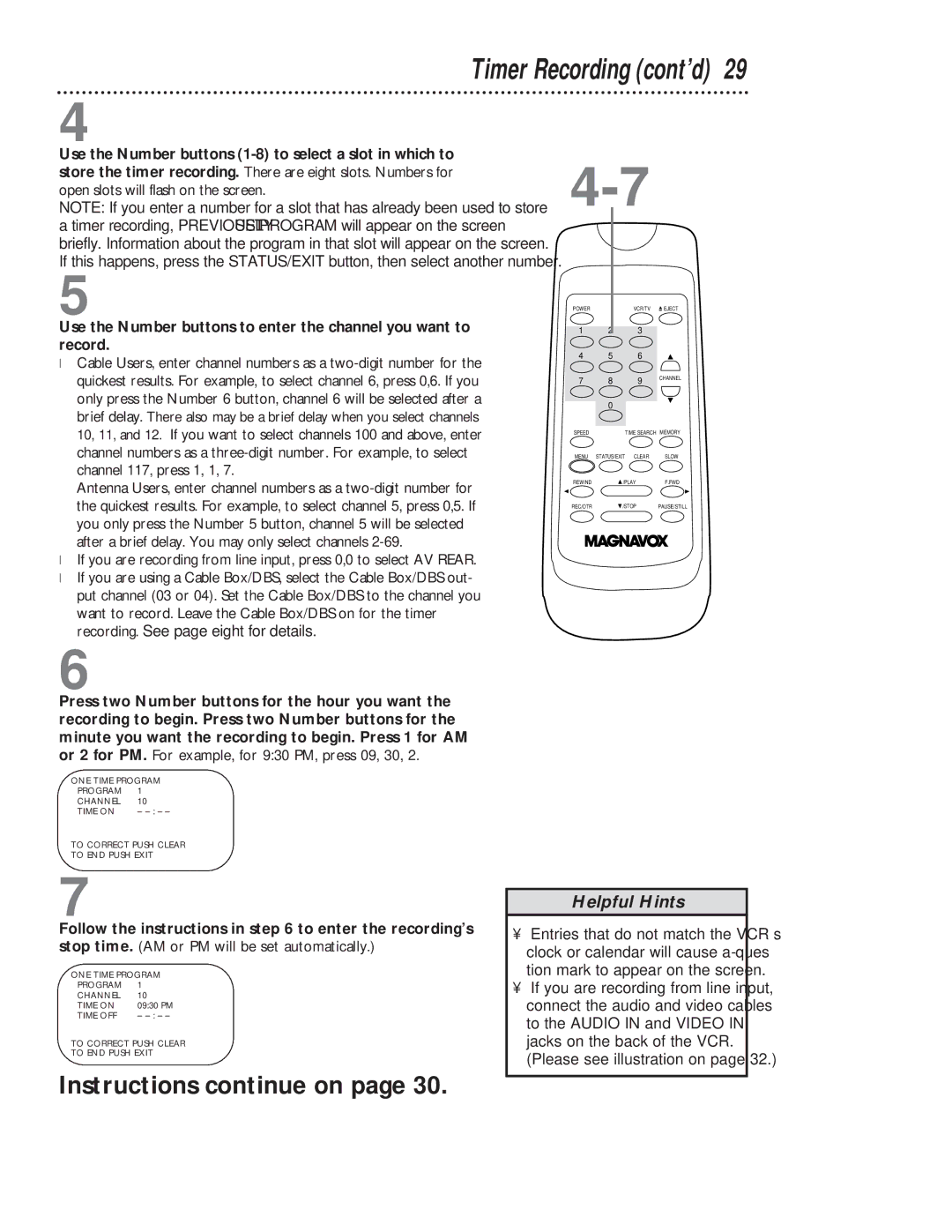 Magnavox VR401BMG owner manual Timer Recording cont’d, Instructions continue on 