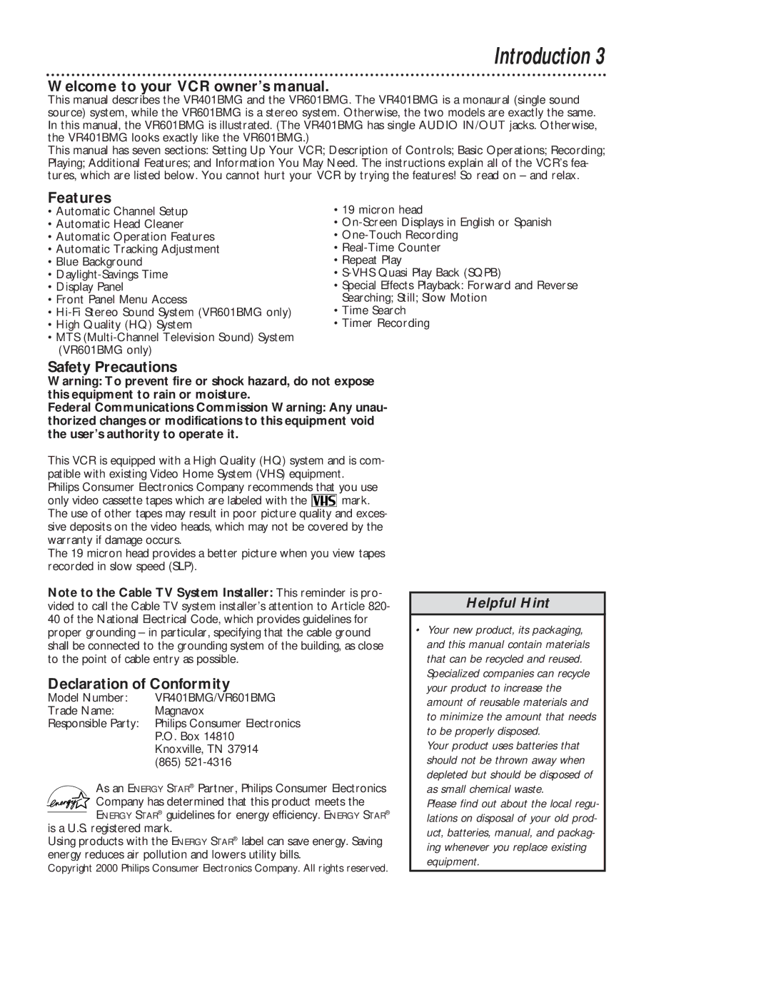 Magnavox VR401BMG owner manual Introduction, Features, Safety Precautions, Declaration of Conformity 