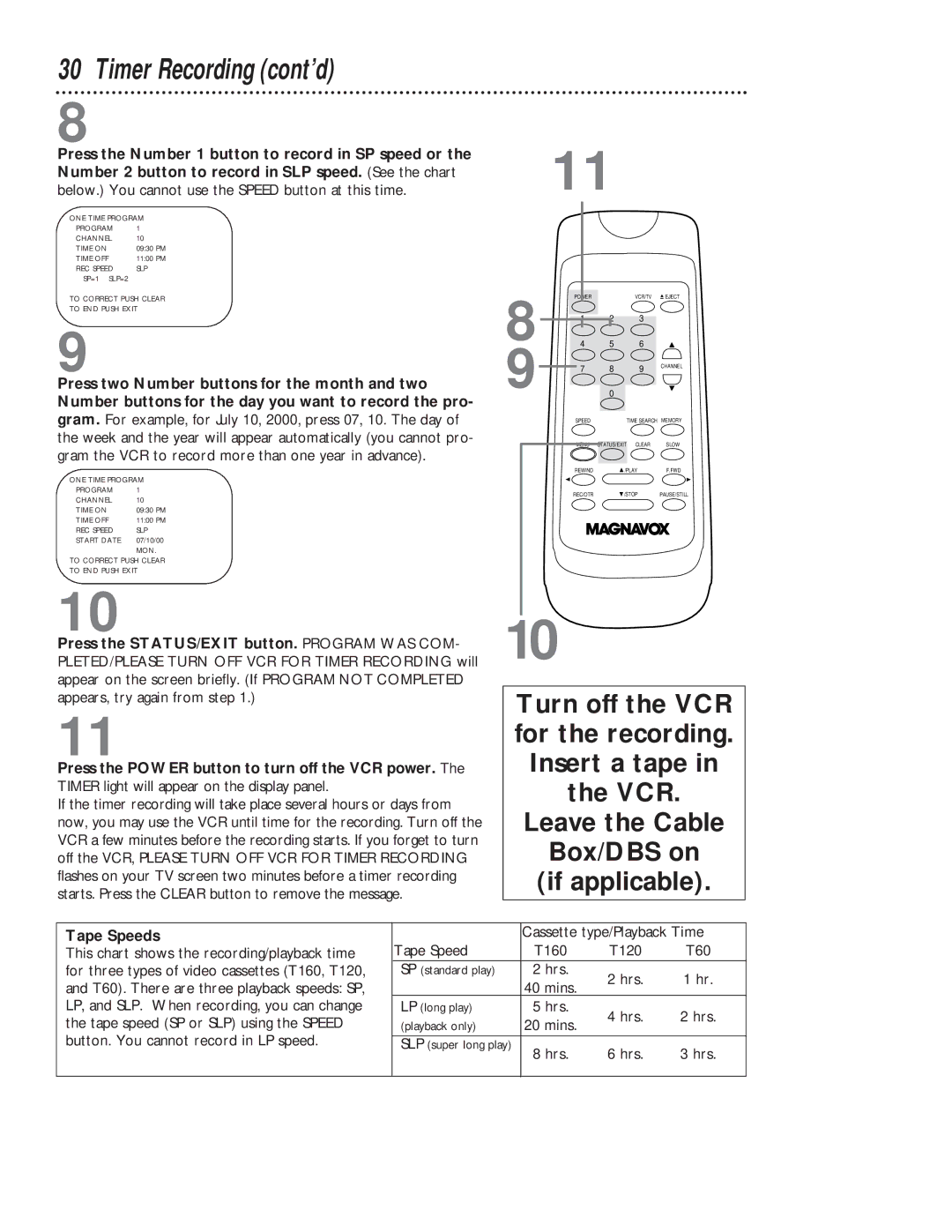 Magnavox VR401BMG owner manual Tape Speeds 