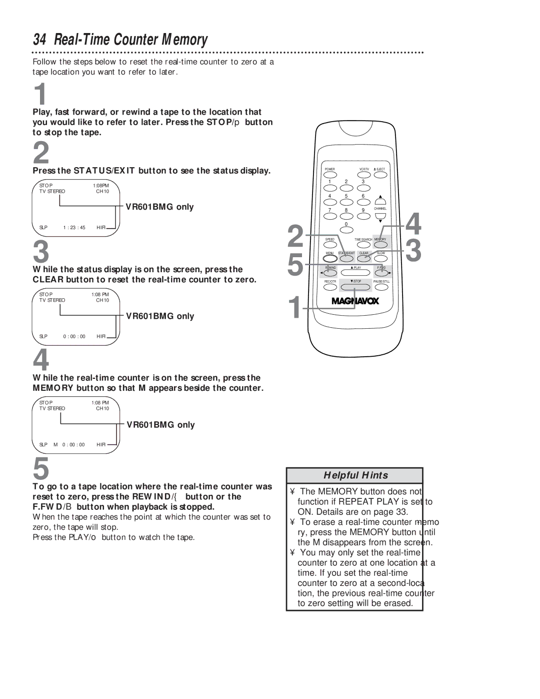 Magnavox VR401BMG owner manual Real-Time Counter Memory 