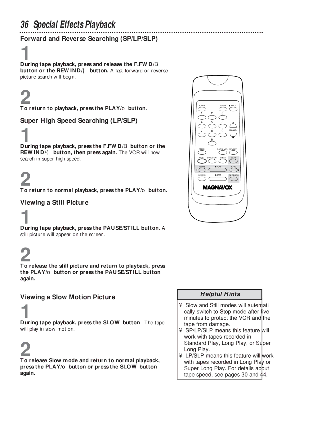 Magnavox VR401BMG Special Effects Playback, Forward and Reverse Searching SP/LP/SLP, Super High Speed Searching LP/SLP 