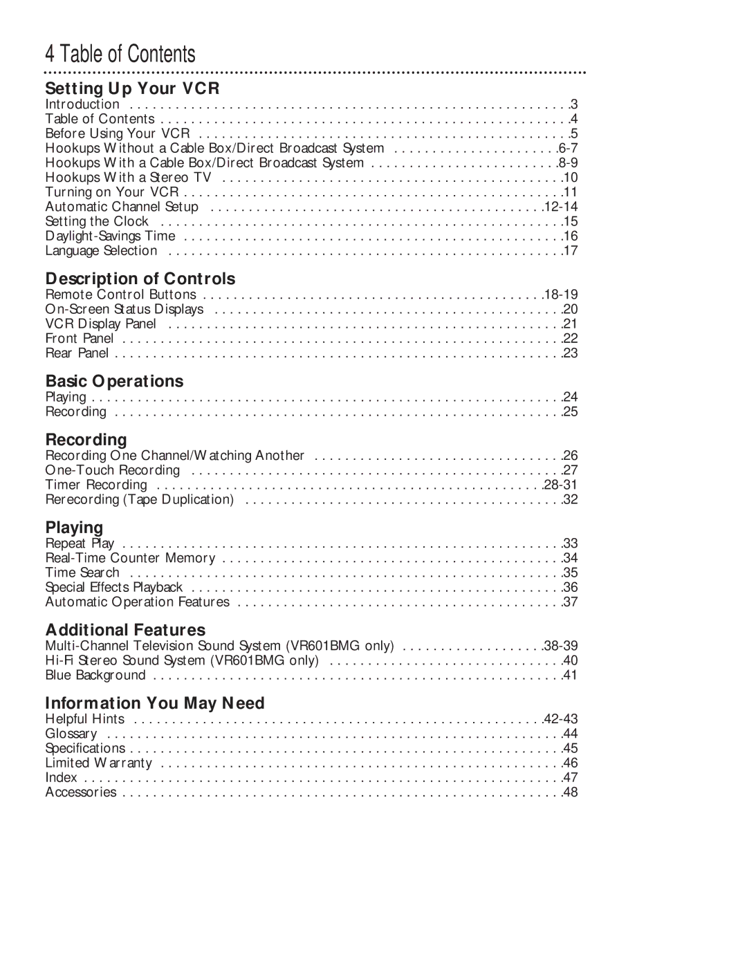 Magnavox VR401BMG owner manual Table of Contents 