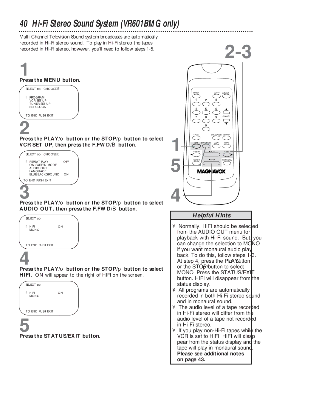 Magnavox VR401BMG owner manual Hi-Fi Stereo Sound System VR601BMG only, Please see additional notes on 