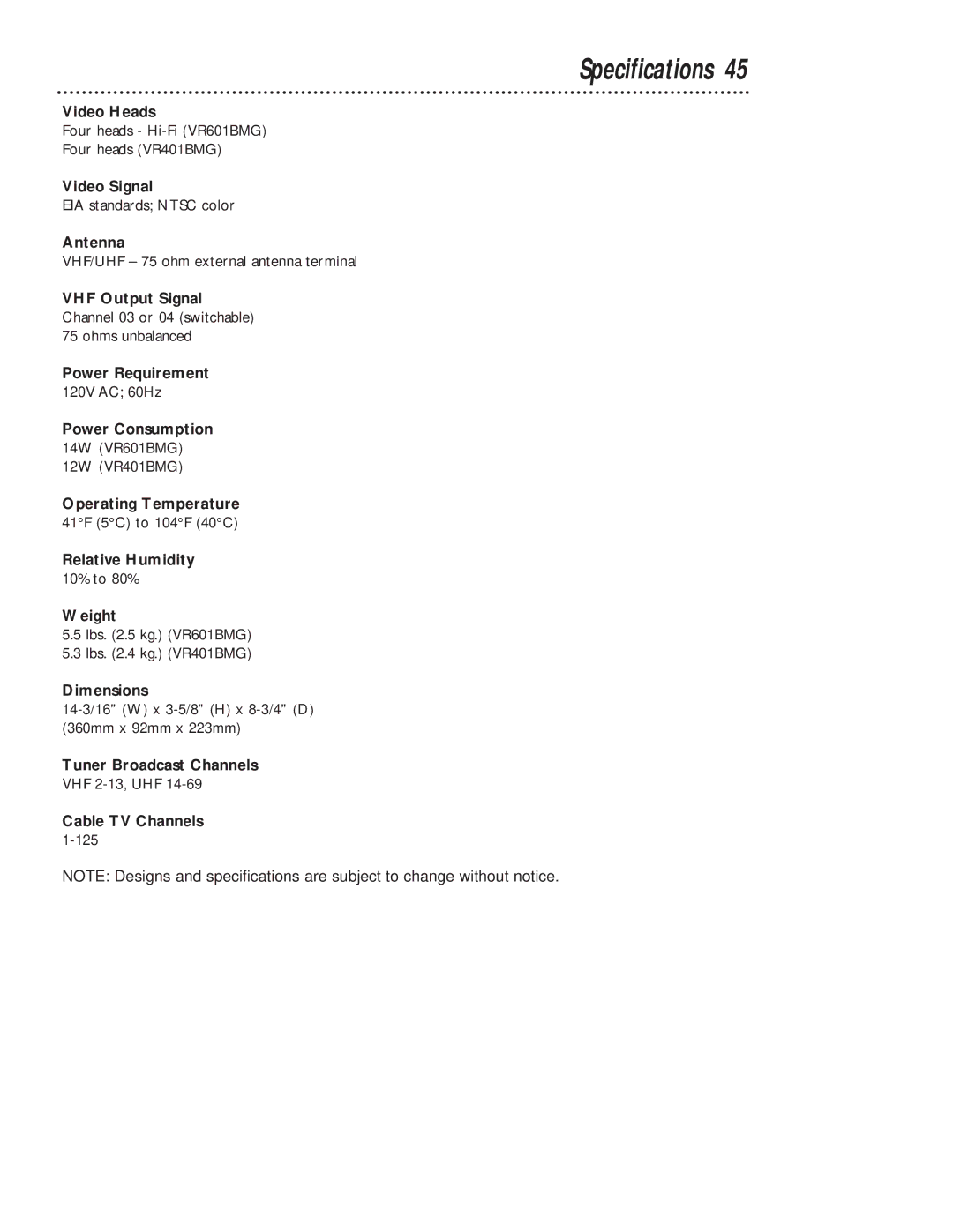 Magnavox VR401BMG owner manual Specifications 