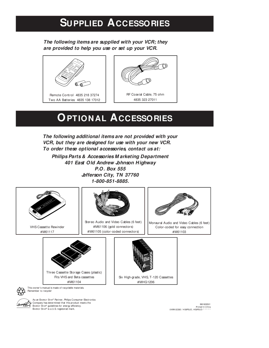 Magnavox VR401BMG owner manual Supplied Accessories 