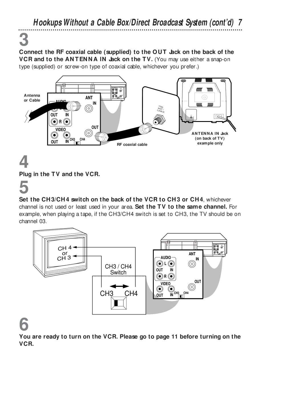 Magnavox VR401BMG owner manual Hookups Without a Cable Box/Direct Broadcast System cont’d, Plug in the TV and the VCR 