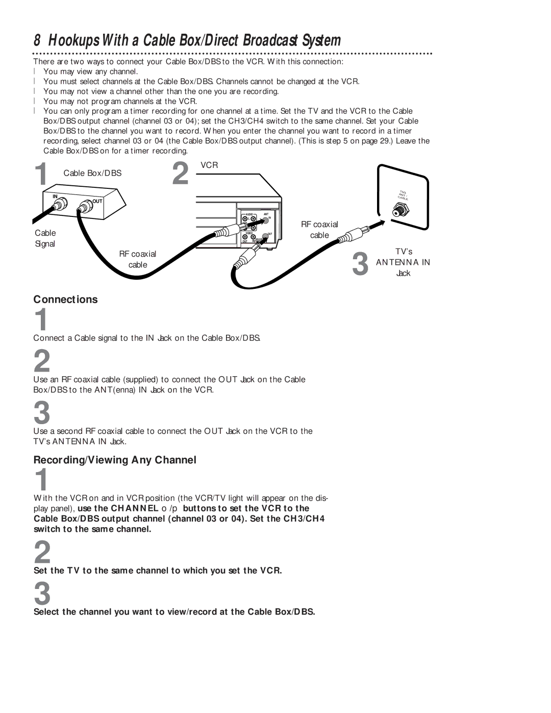 Magnavox VR401BMG owner manual Hookups With a Cable Box/Direct Broadcast System, Connections, Recording/Viewing Any Channel 