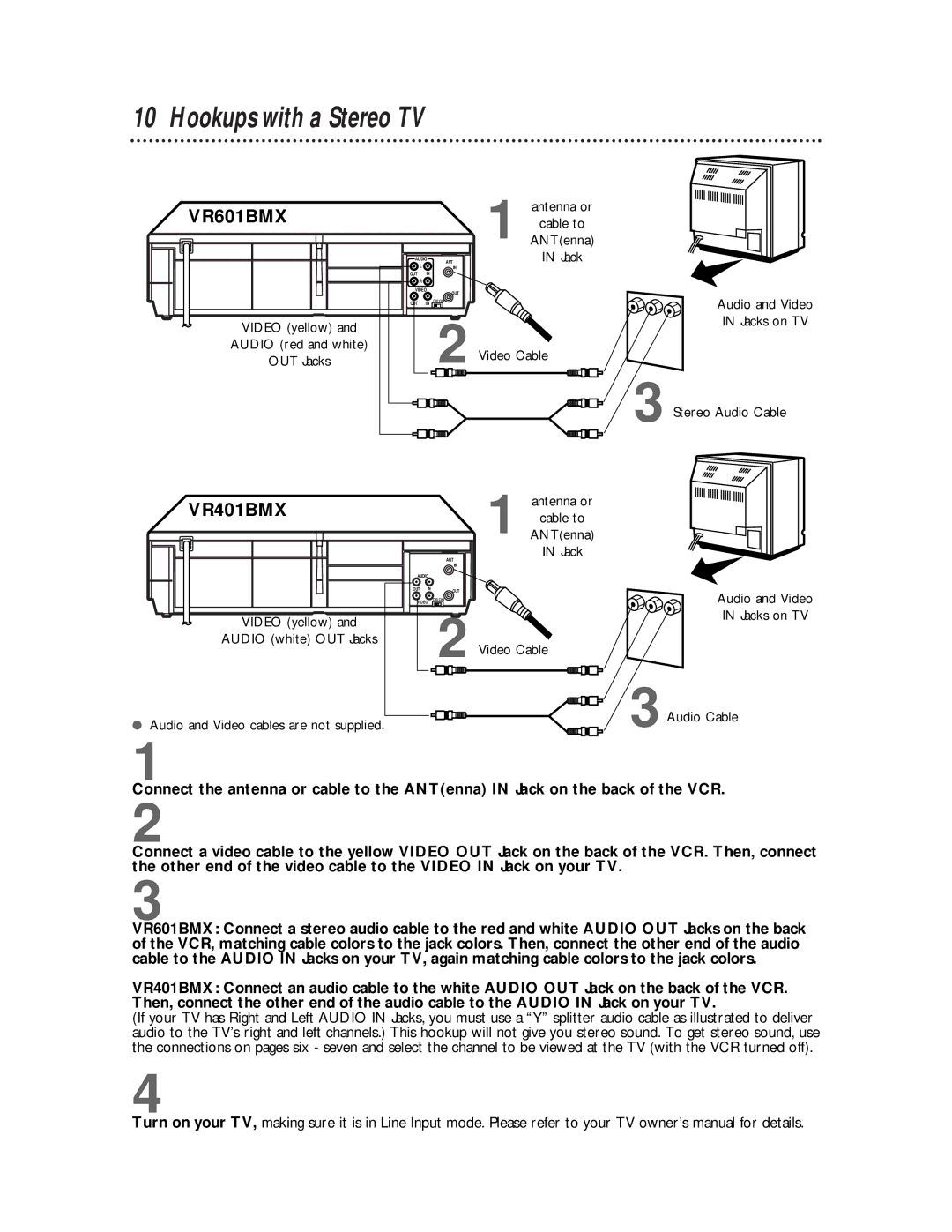 Magnavox VR401BMX manual Hookups with a Stereo TV, VR601BMX 