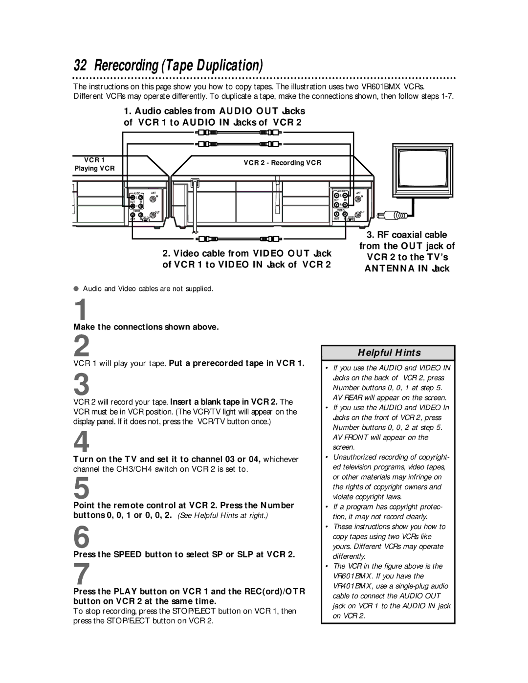 Magnavox VR601BMX, VR401BMX manual Rerecording Tape Duplication, Helpful Hints 