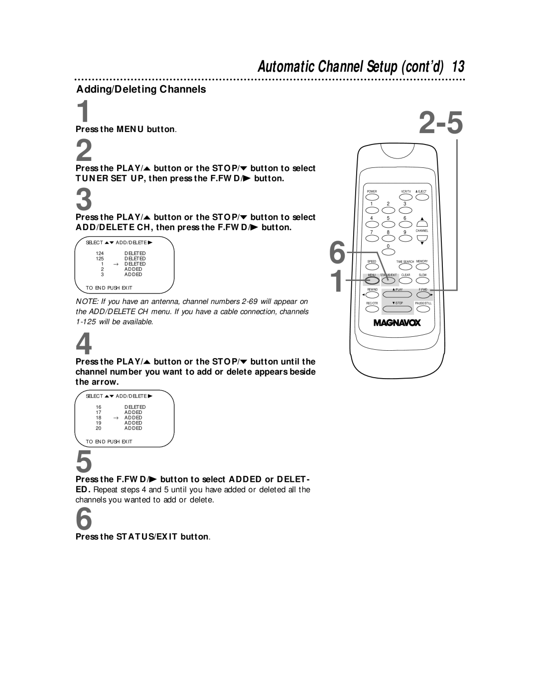 Magnavox VR601BMX, VR401BMX owner manual Automatic Channel Setup cont’d, Adding/Deleting Channels 