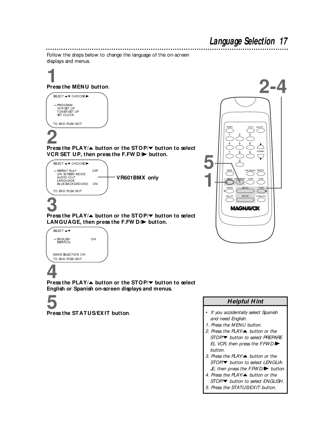Magnavox VR401BMX owner manual Language Selection, VR601BMX only 