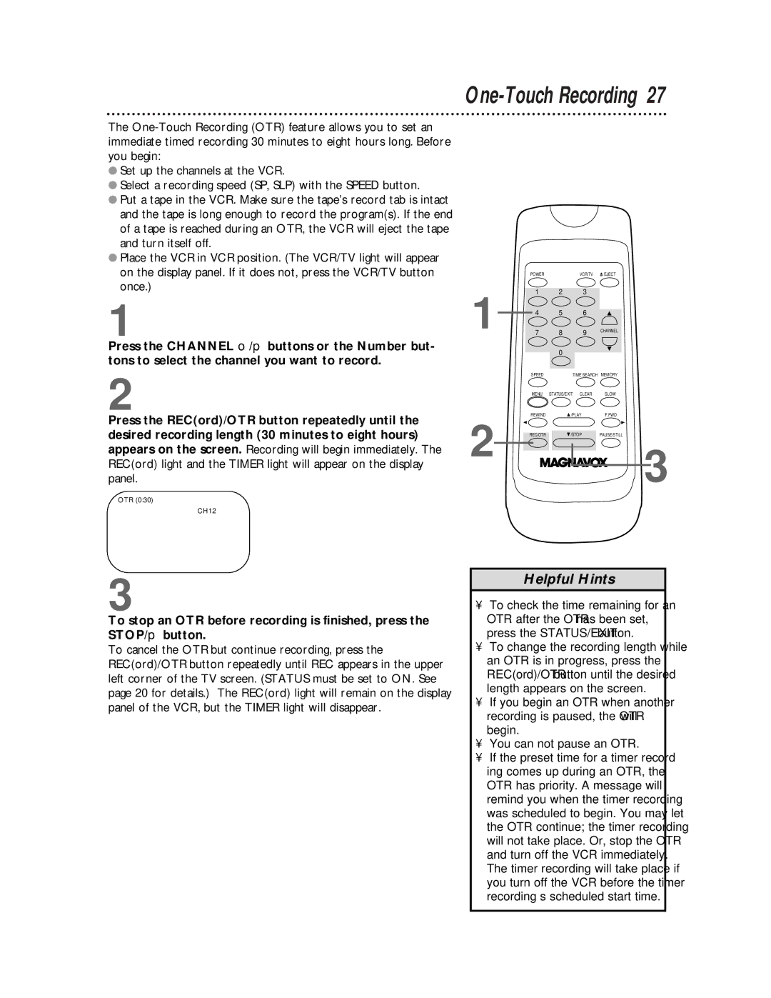 Magnavox VR601BMX, VR401BMX owner manual One-Touch Recording 