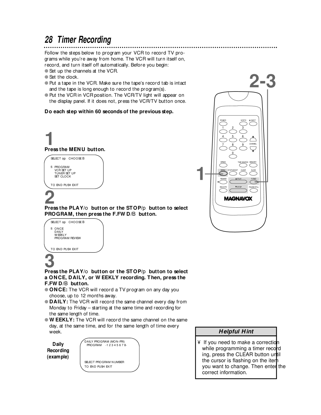 Magnavox VR401BMX, VR601BMX owner manual Timer Recording, Do each step within 60 seconds of the previous step, Daily 